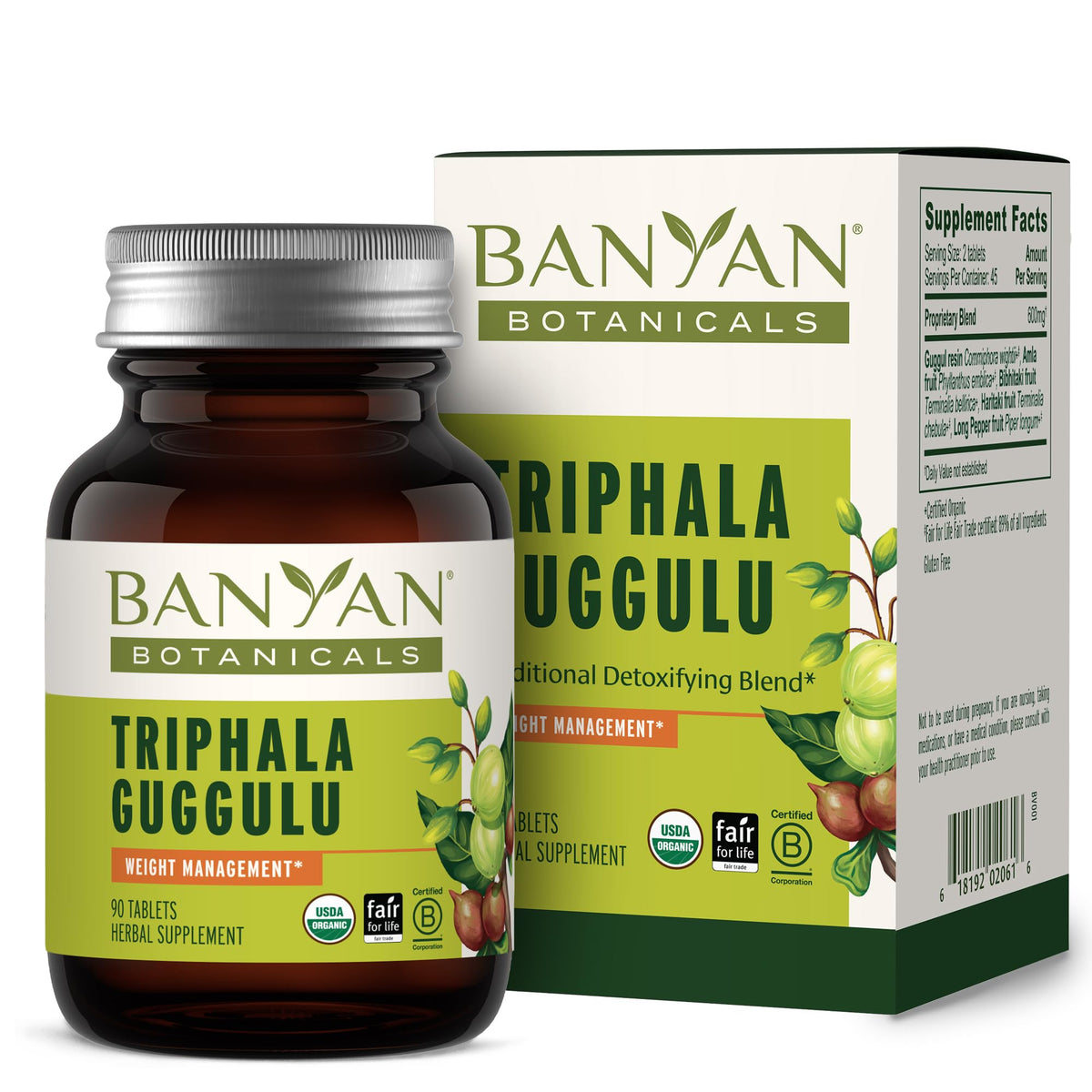 Banyan Botanicals Triphala Guggulu, bouteille de 90 tablettes, soutien potentiel à la digestion.