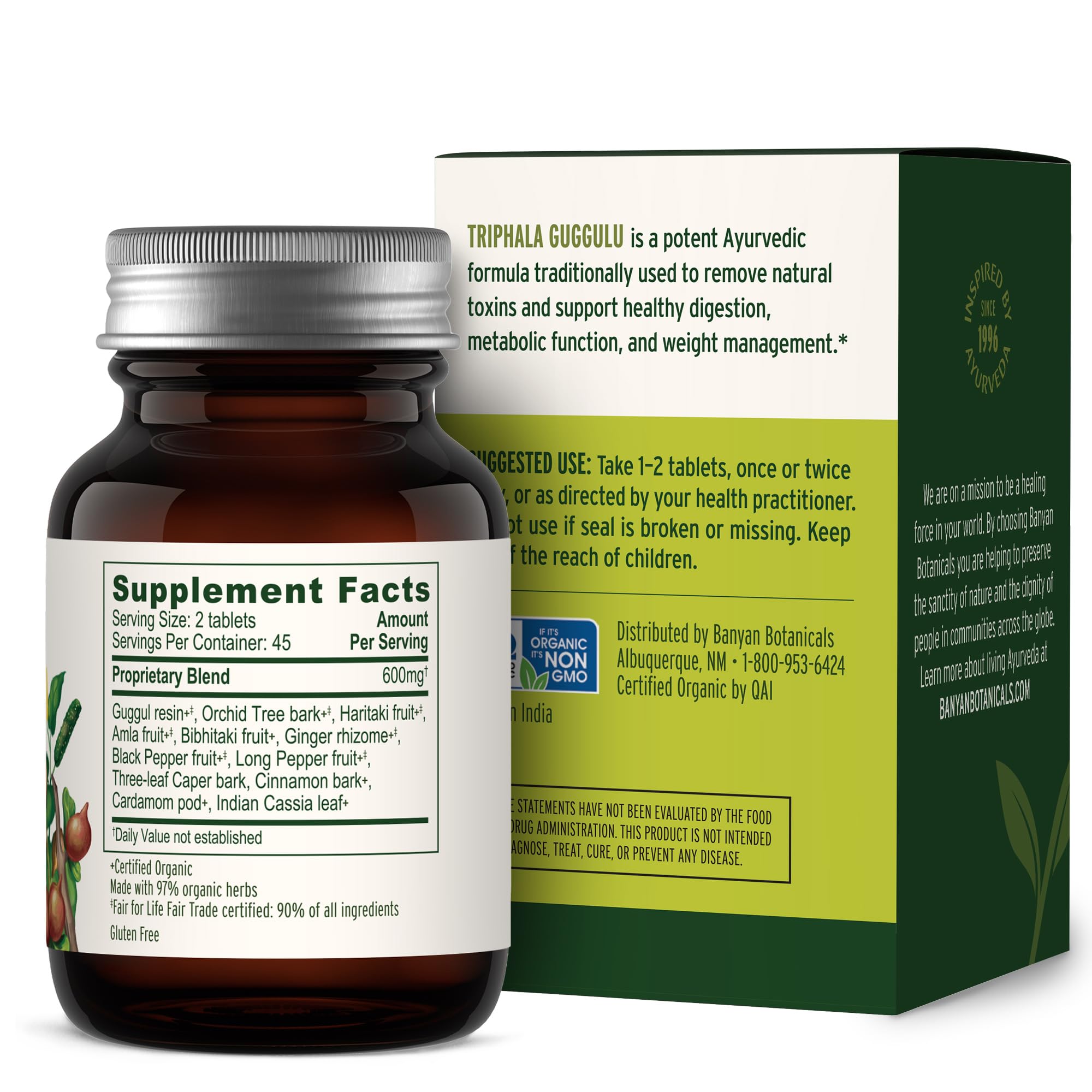 Banyan Botanicals Triphala Guggulu, estante produit, présentation soignée.