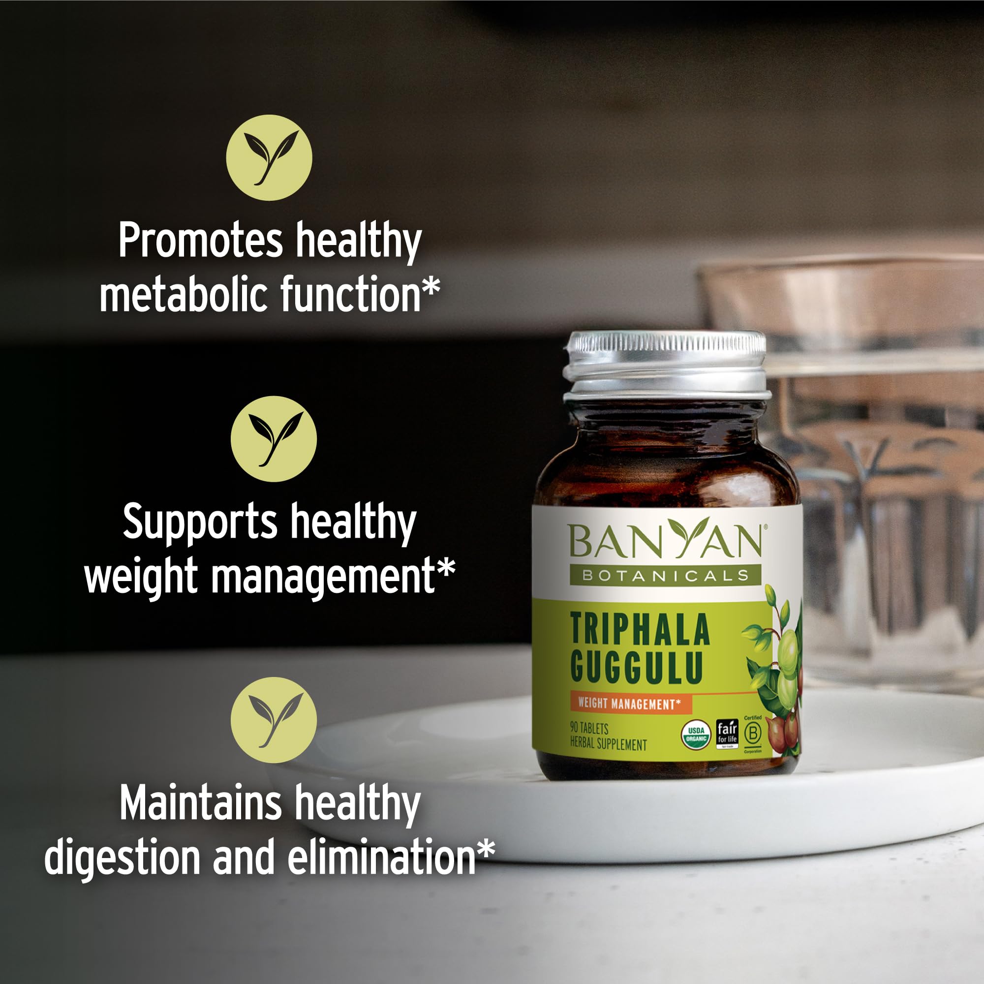 Banyan Botanicals Triphala Guggulu, etiquette et emballage, reflet biologique et durable.