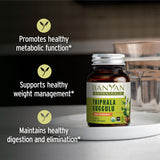 Banyan Botanicals Triphala Guggulu, etiquette et emballage, reflet biologique et durable.