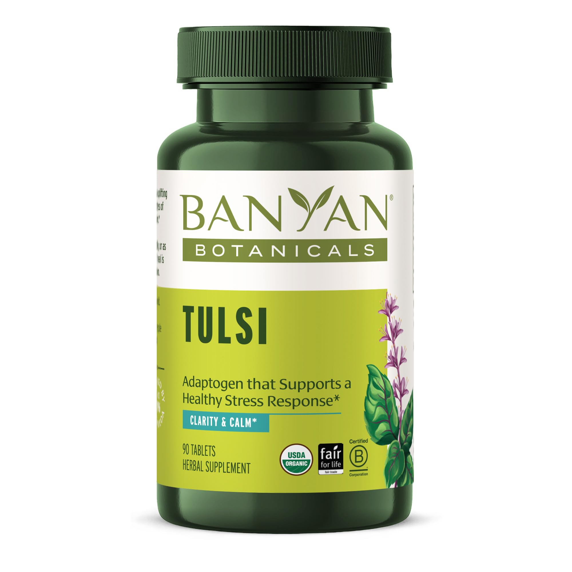Tulsi Banyan Botanicals – boîte de comprimés pratique pour le bien-être quotidien.