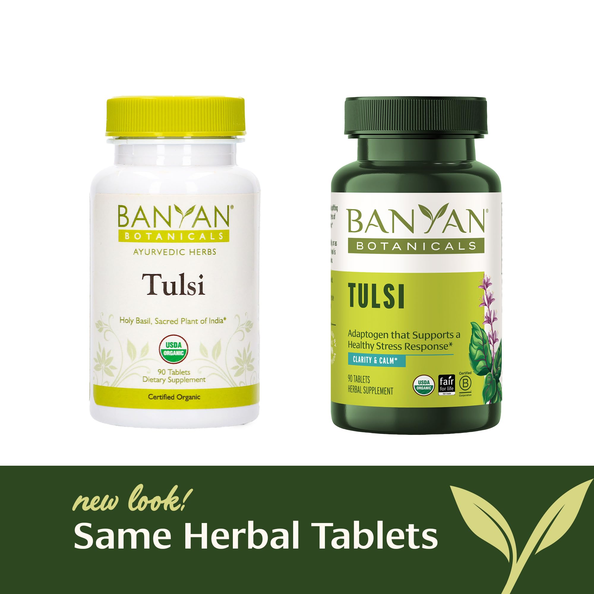 Flacon en verre Tulsi Banyan Botanicals – symbole végan et traçabilité.