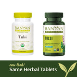 Flacon en verre Tulsi Banyan Botanicals – symbole végan et traçabilité.
