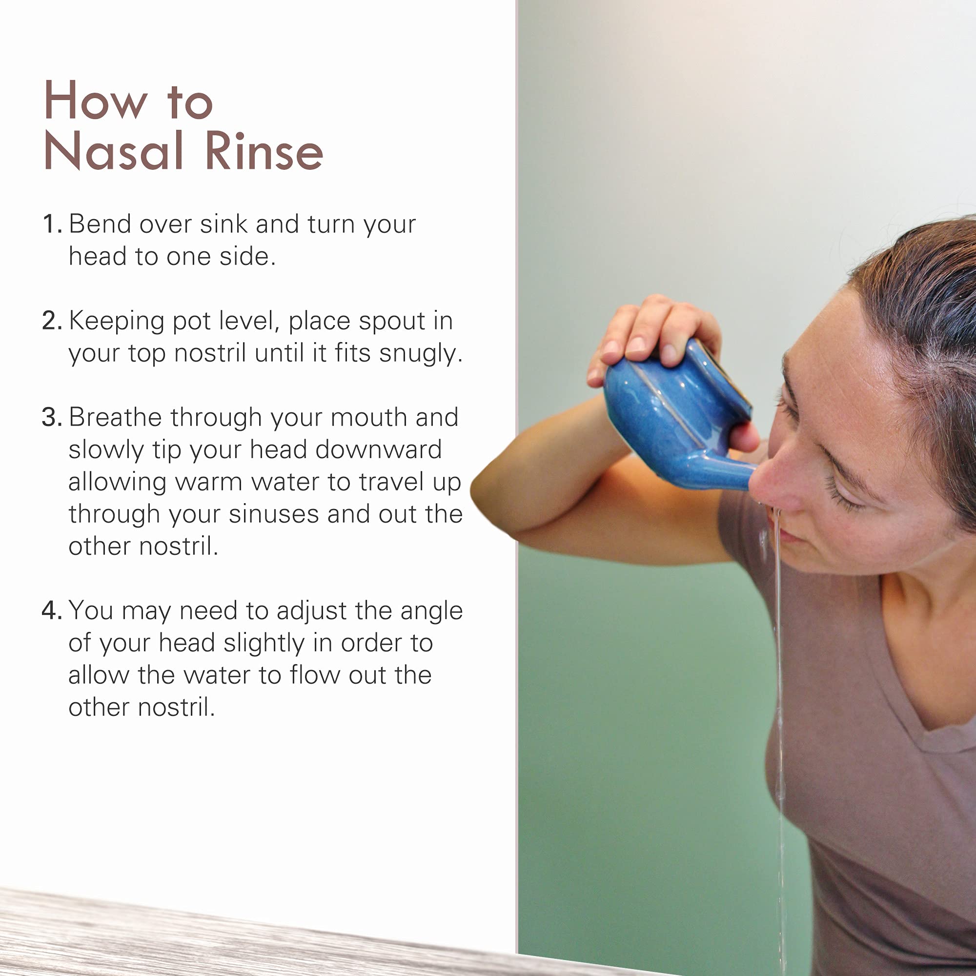 Baraka Neti Pot, poignée ergonomique en céramique Jade, facile à utiliser.