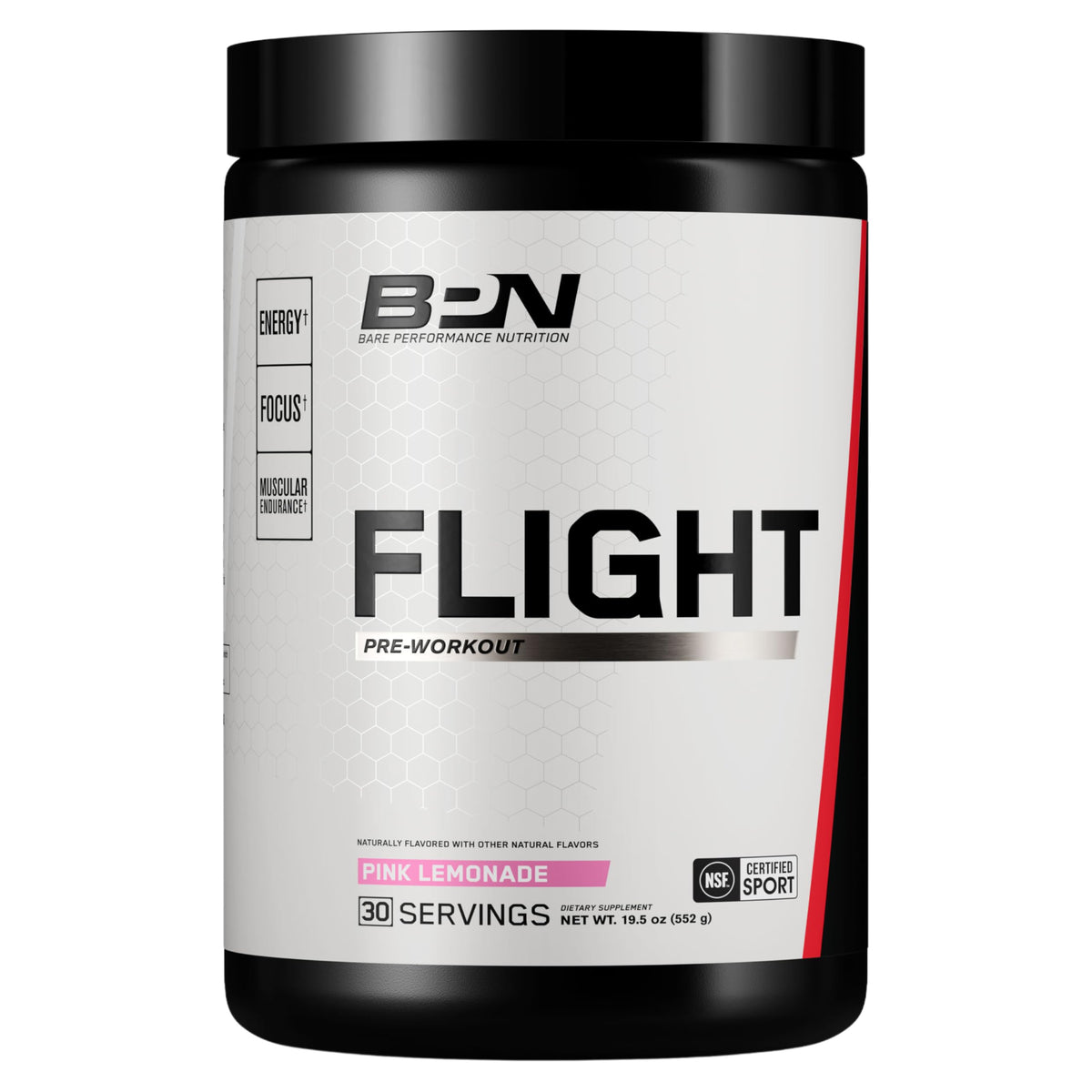 BPN Flight Pre Workout, bouteille rose prête pour énergie et concentration