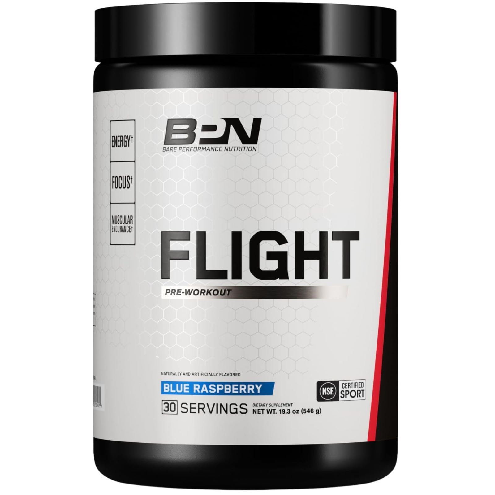 Flight Pre Workout Bare Performance Nutrition: bouteille framboise bleue, énergie soutenue.