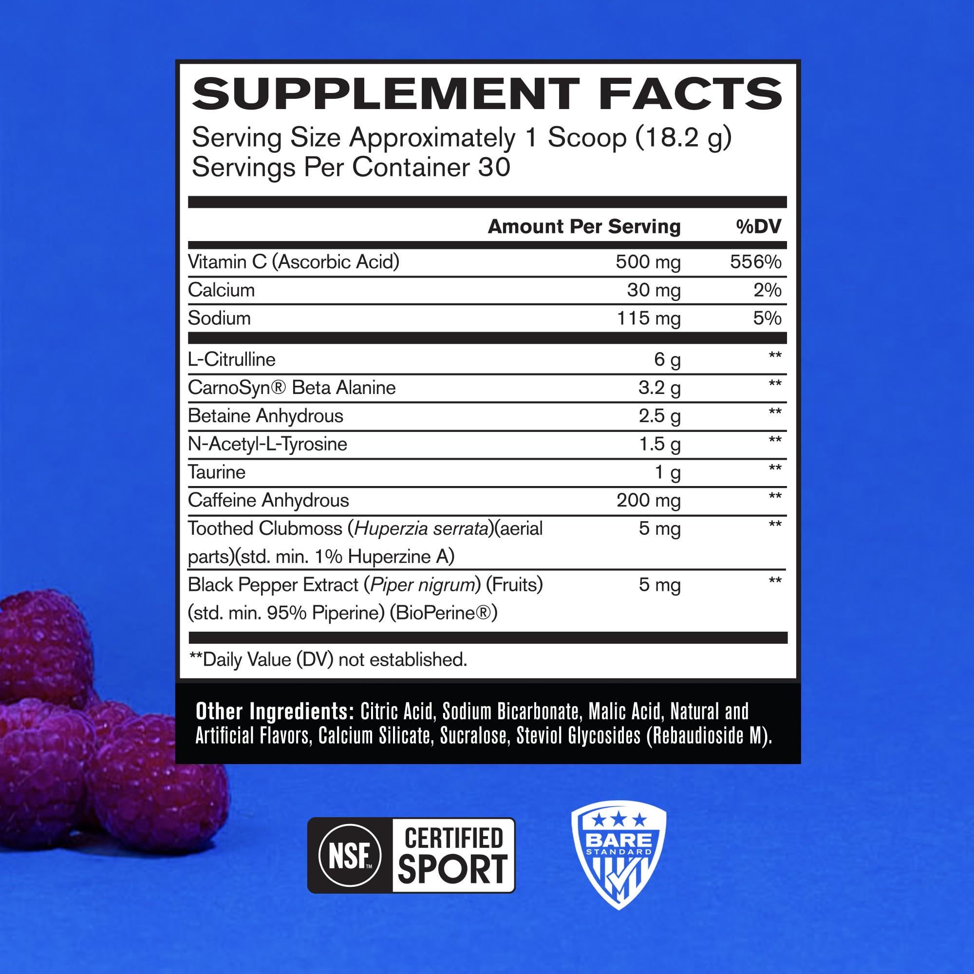 Flight Pre Workout Bare Performance Nutrition: poudre framboise bleue prête à mélanger.