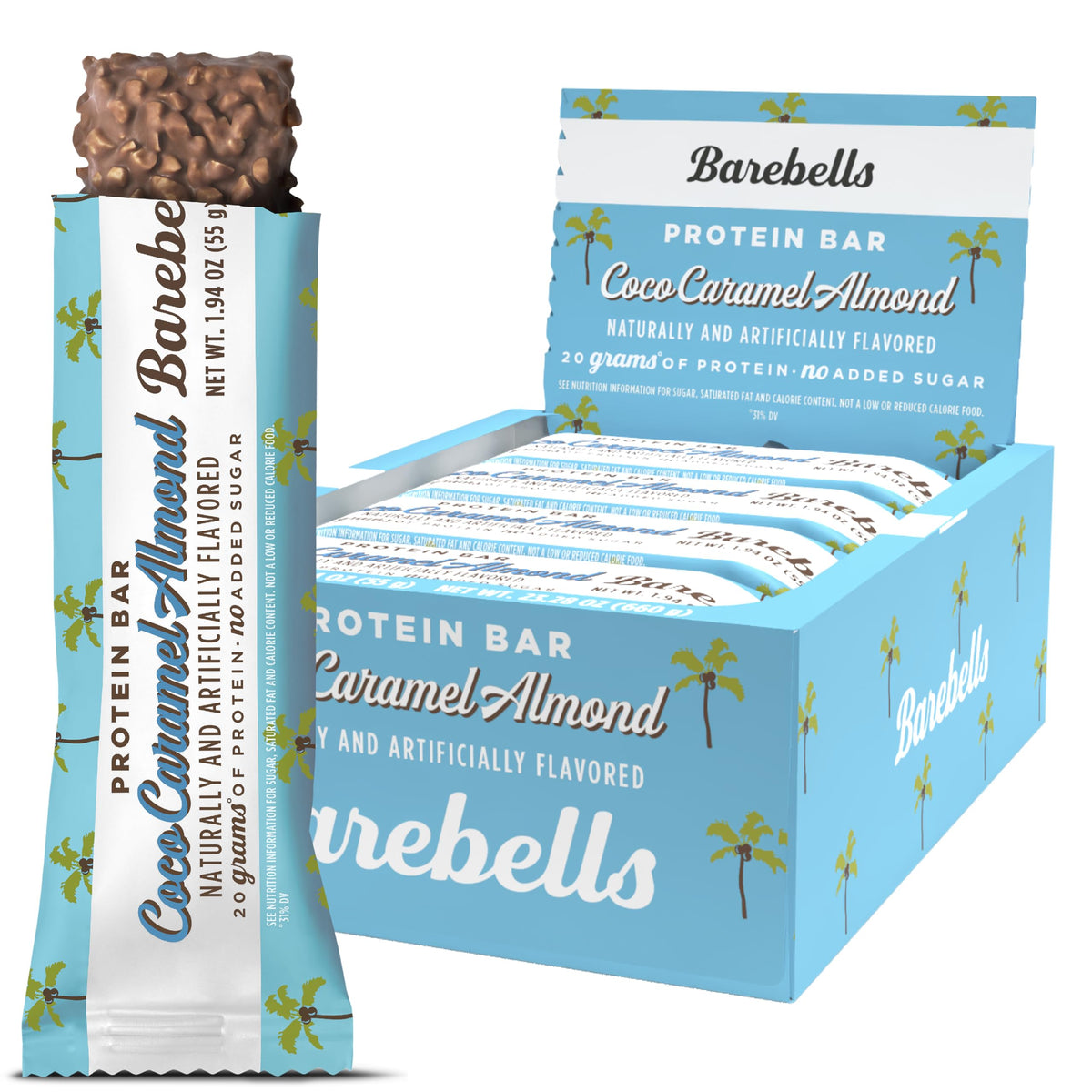 Barre Barebells Coconut Caramel Almond, texture fondante idéale pour une collation protéinée.