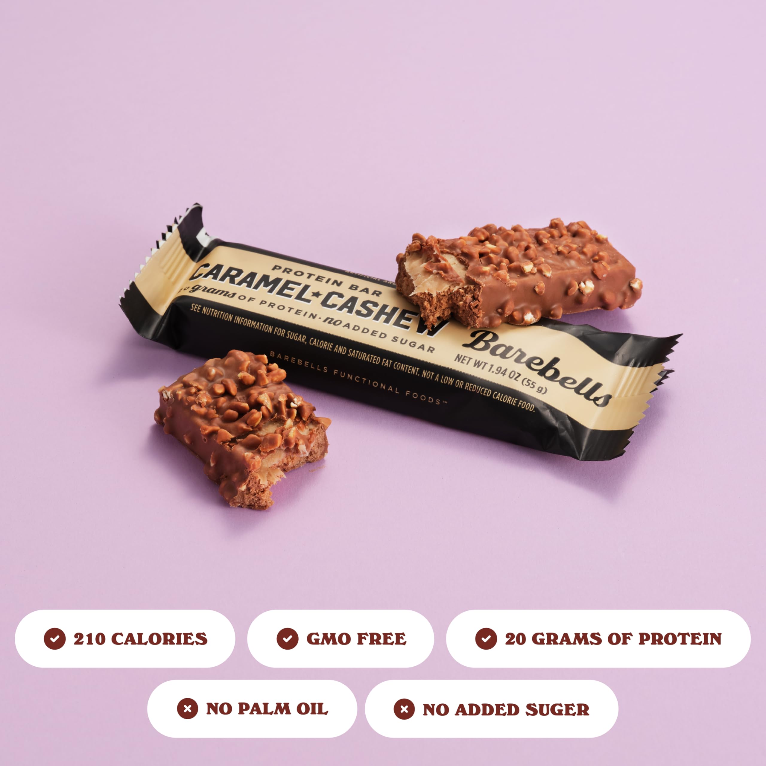 Barre Barebells Caramel Cashew en détail, portion de 1,9 oz idéale pour la collation.