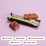 Barre Barebells Caramel Cashew en détail, portion de 1,9 oz idéale pour la collation.