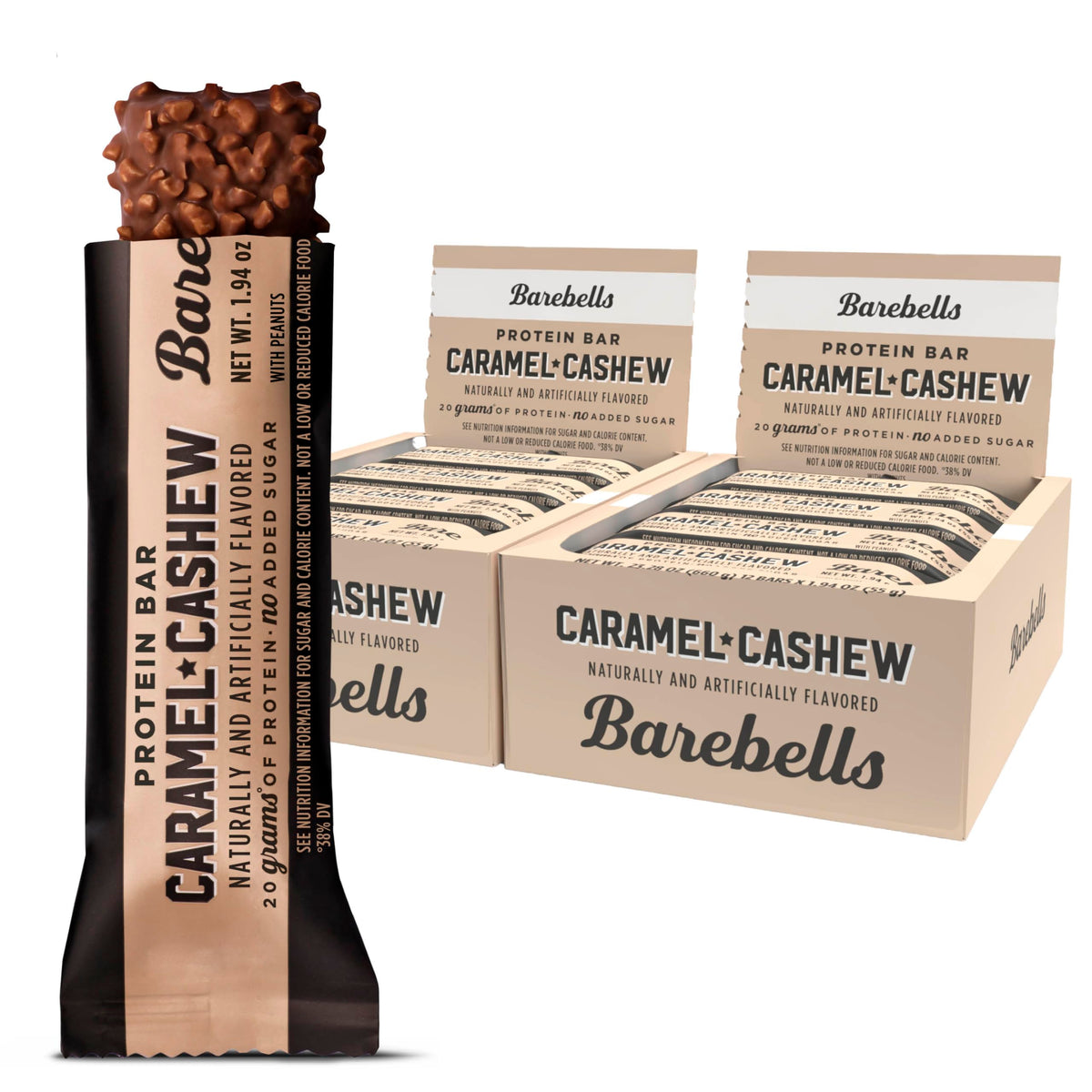 Barebells Caramel Cashew, emballage pratique pour goûter protéiné en déplacement.