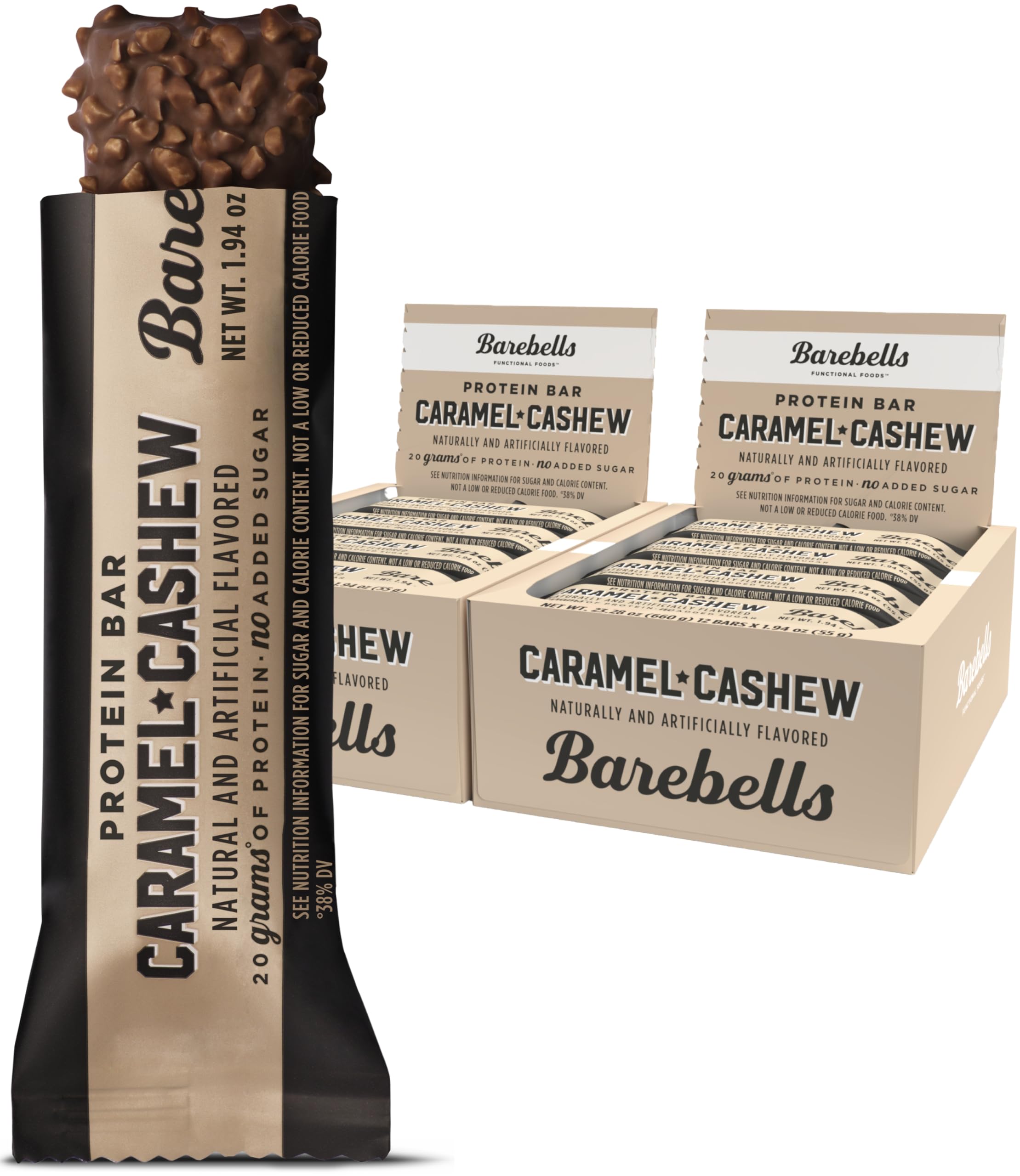 Barre Barebells Caramel Cashew dans son emballage, snack pratique à emporter.