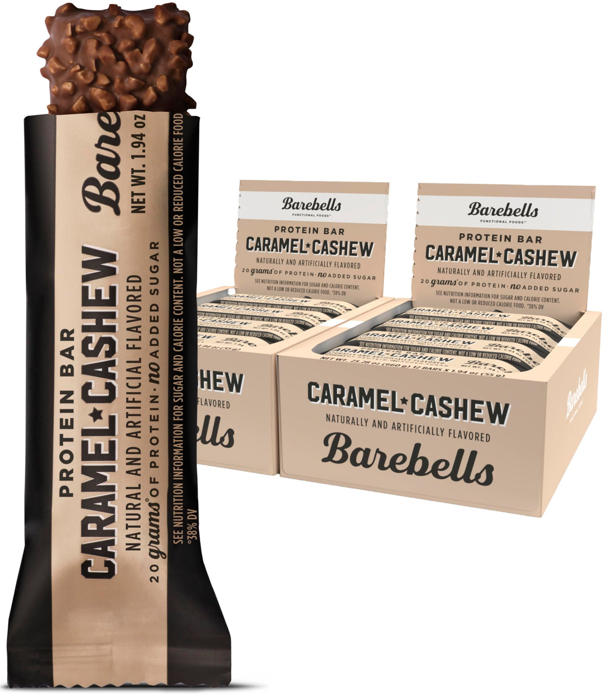 Barre Barebells Caramel Cashew dans son emballage, snack pratique à emporter.