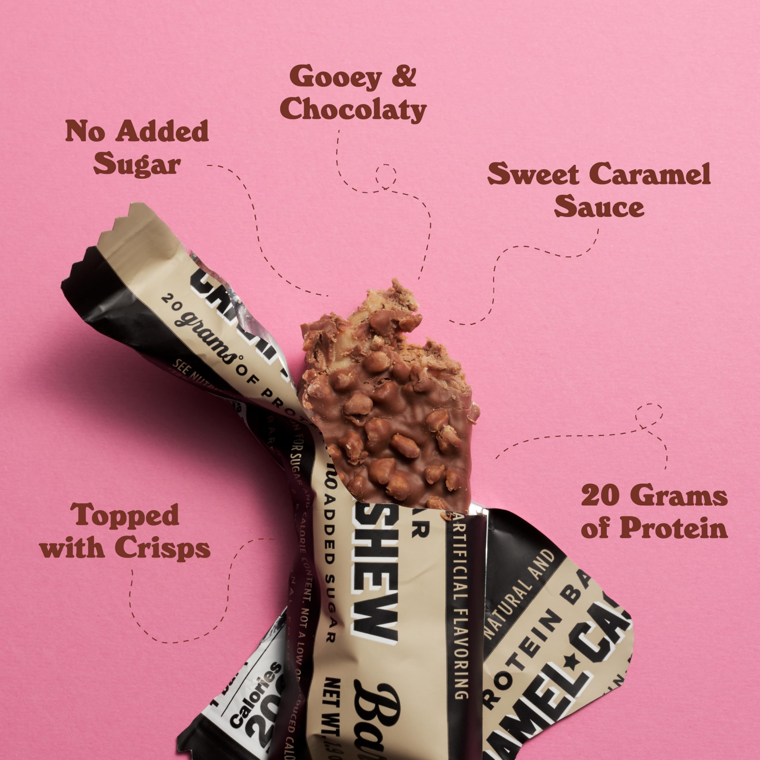 Texture crémeuse et chocolatée de la barre Barebells Caramel Cashew prête à déguster.