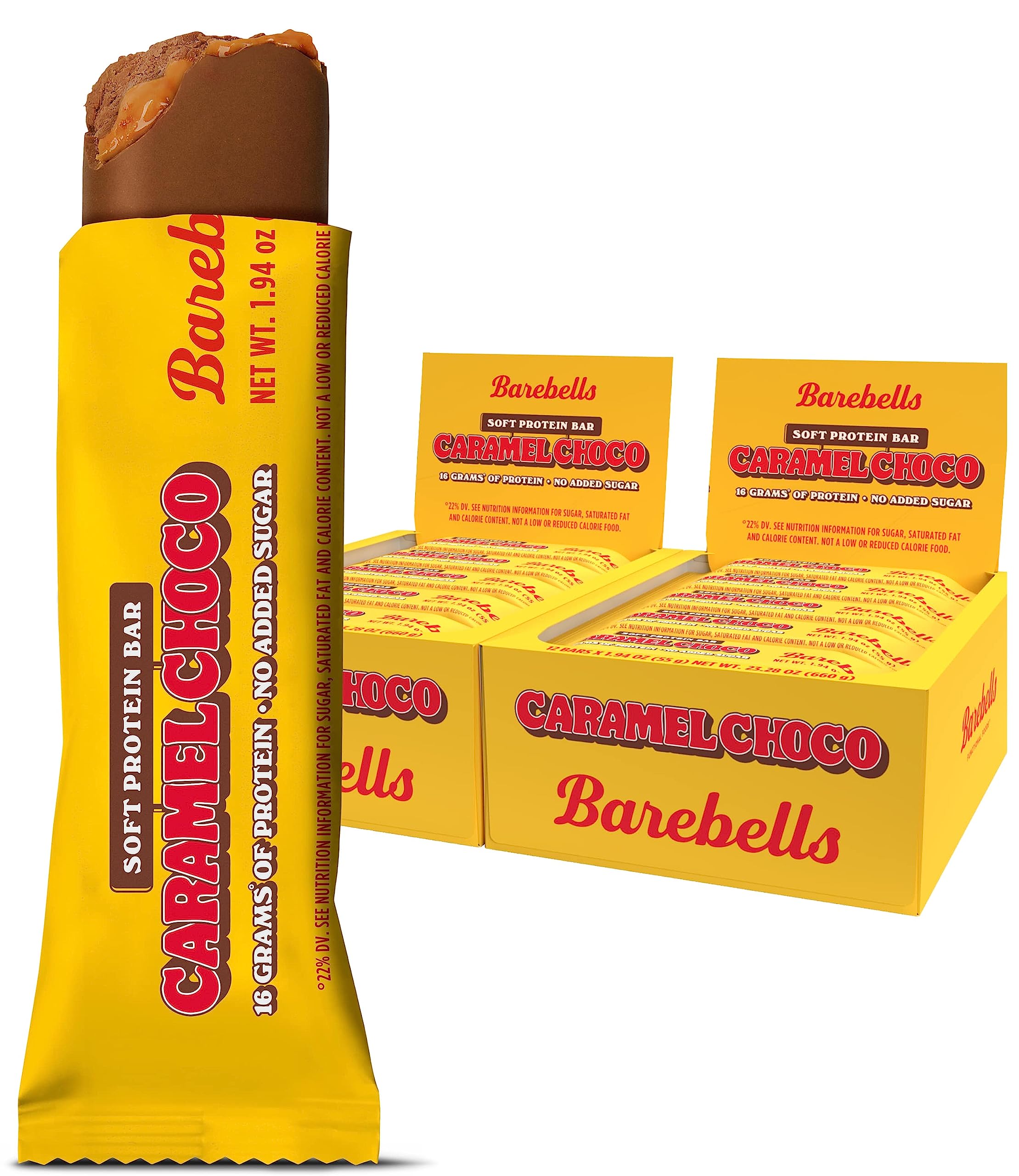 Barebells barre protéinée Caramel Choco emballage pratique pour snack rapide après l'entraînement.