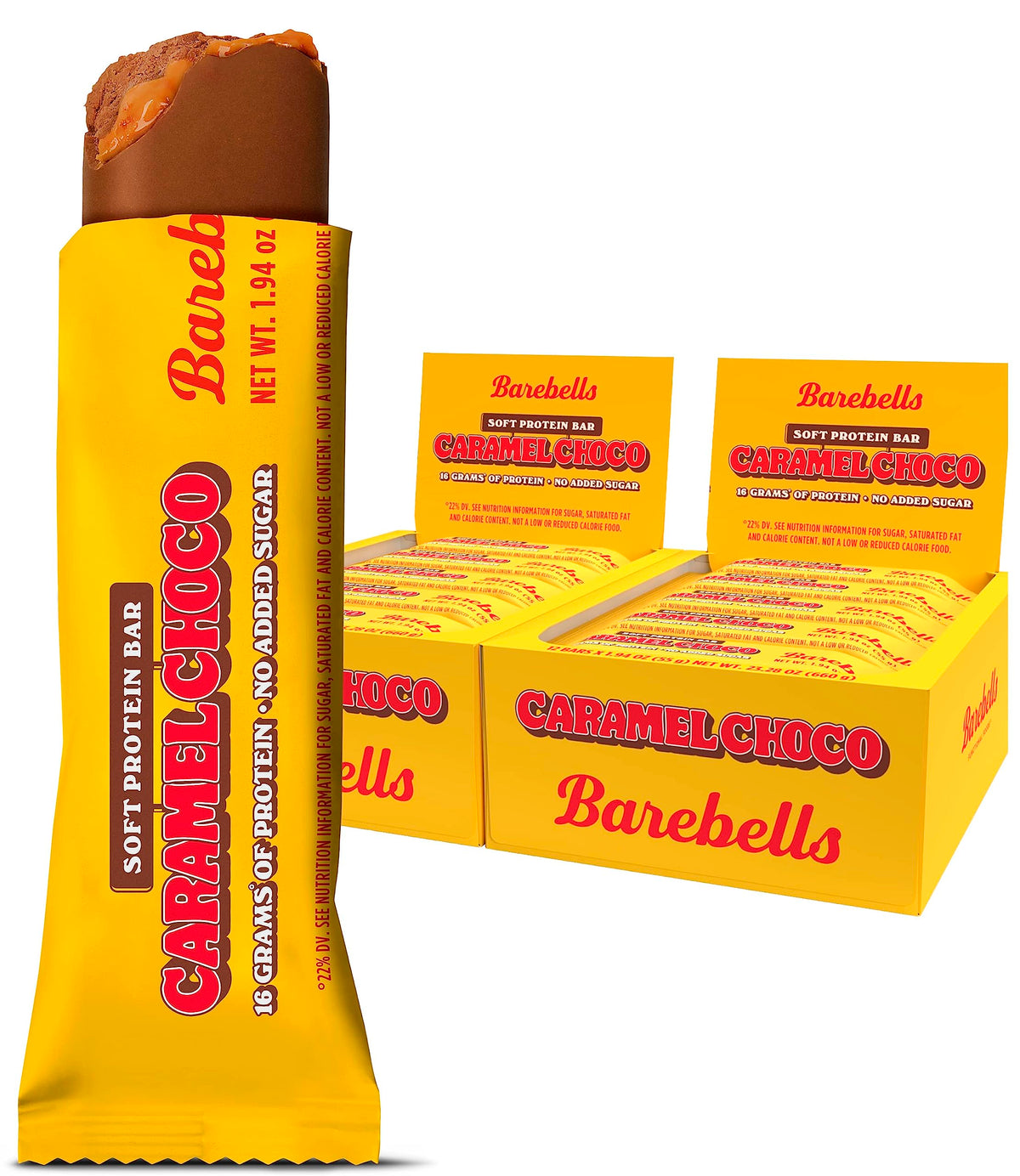 Barebells barre protéinée Caramel Choco emballage pratique pour snack rapide après l'entraînement.