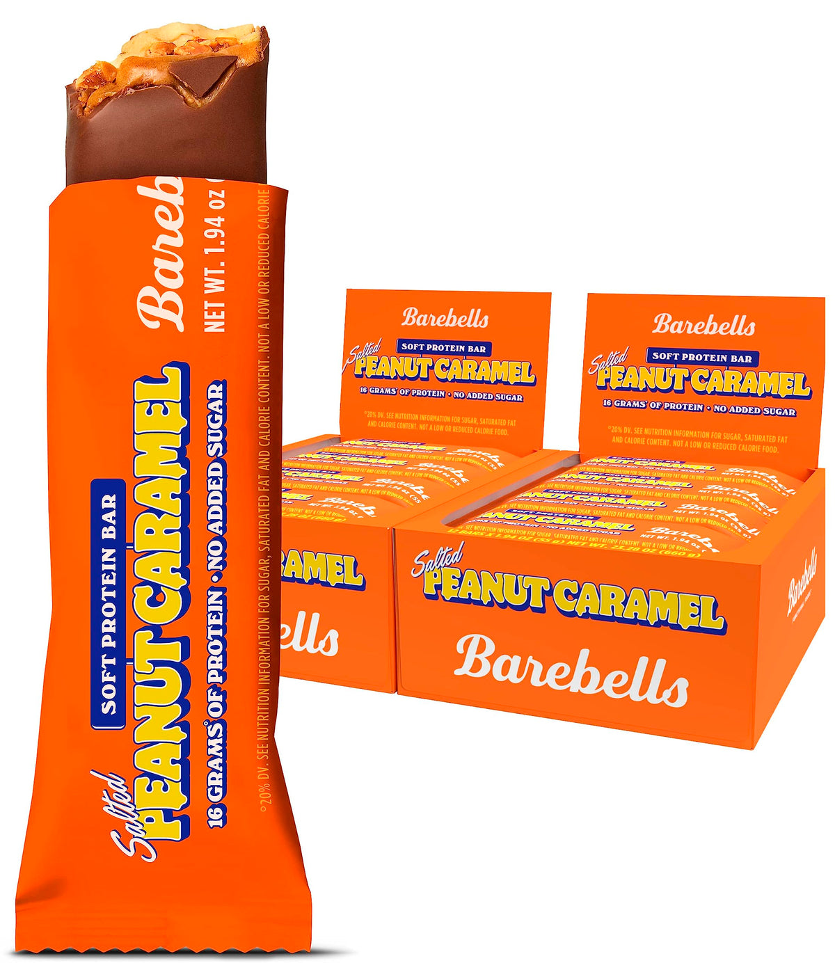Barre protéinée Barebells douce et salée au caramel et cacahuète, texture onctueuse idéale pour une collation.