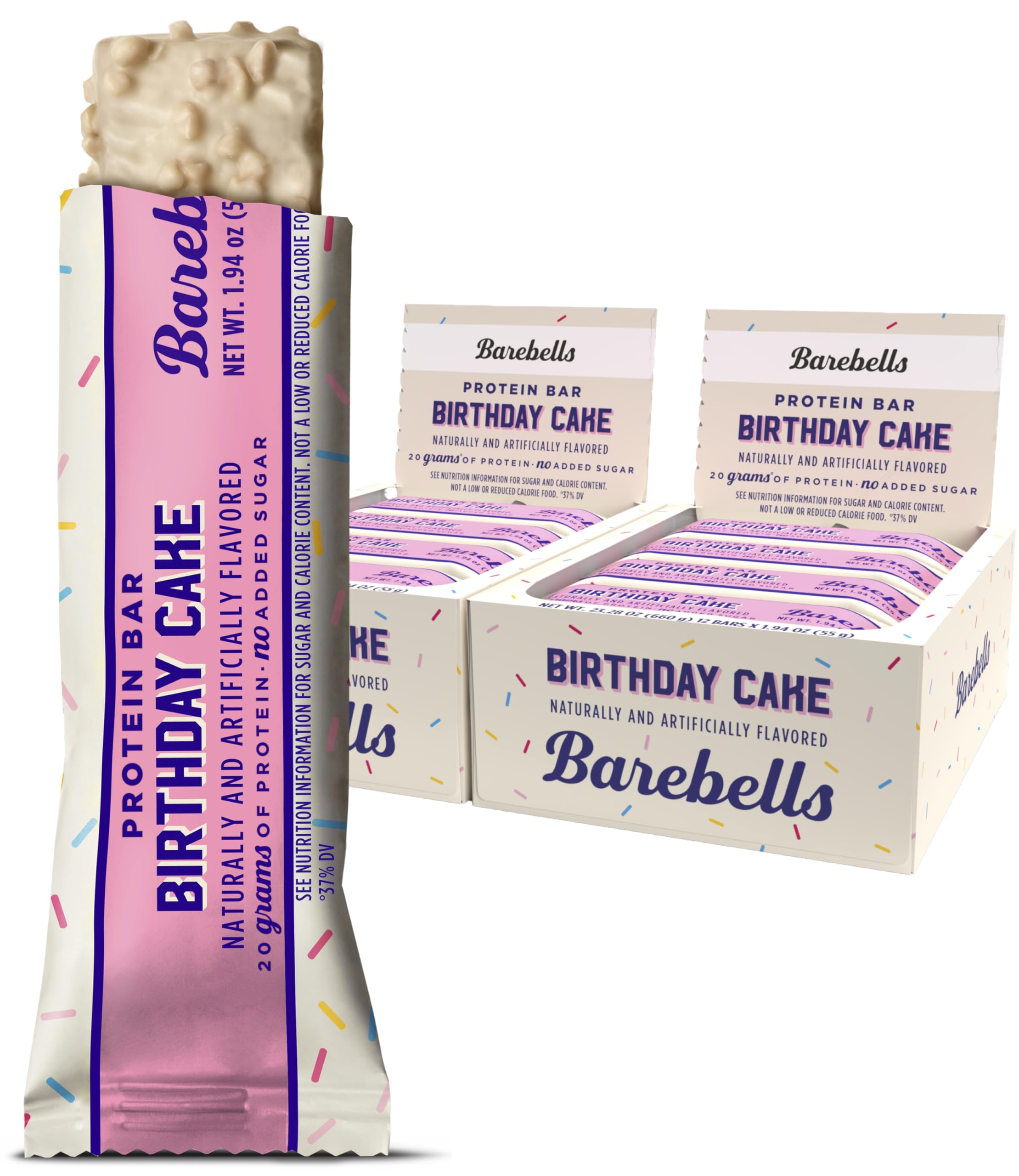 Barre Barebells gâteau-anniversaire en emballage, snack pratique à emporter.