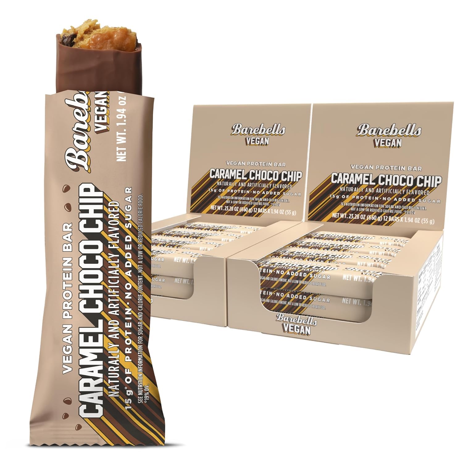 Barebells barre protéinée végan Caramel Choco Chip vue complète, snack pratique et gourmand