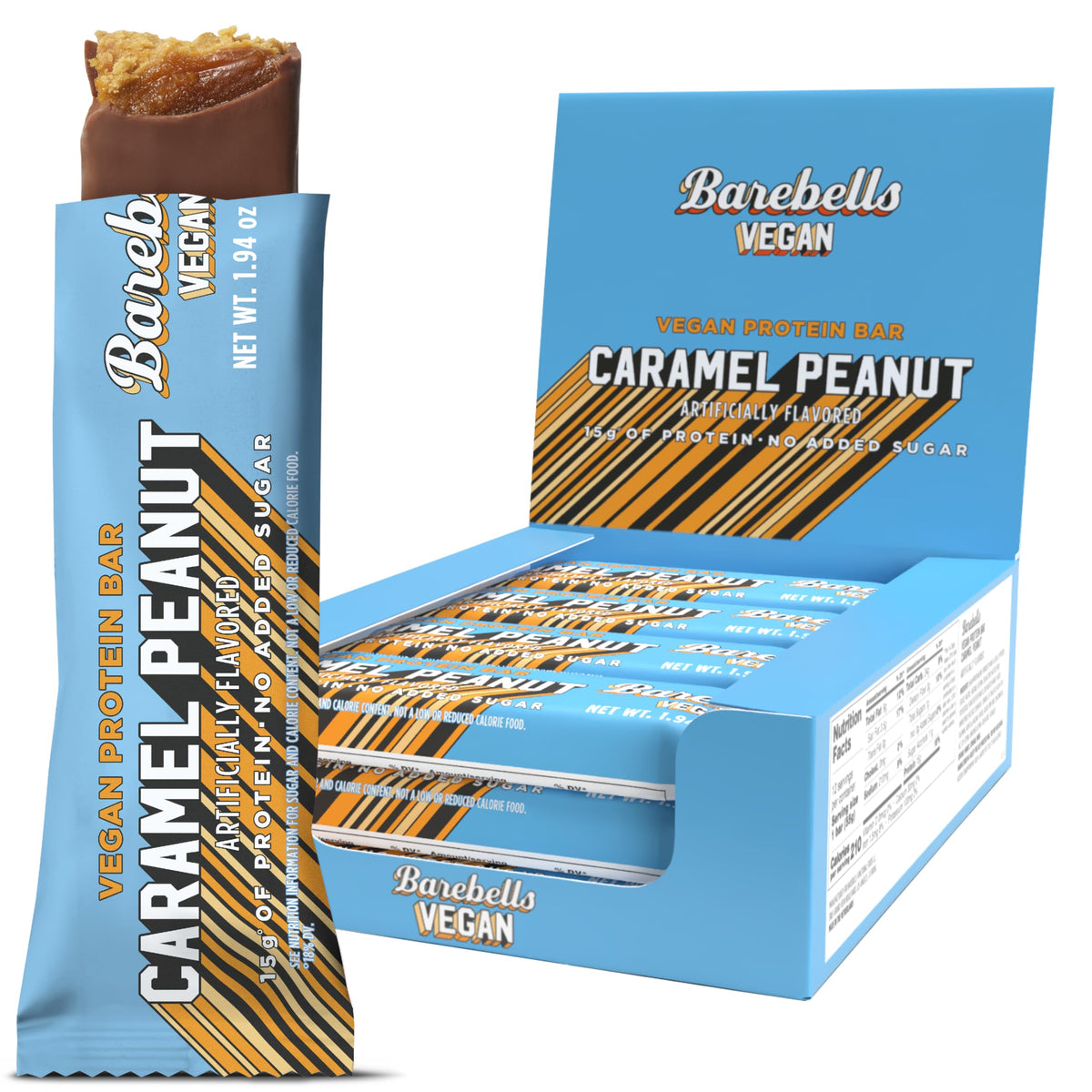 Barre Barebells végétale cacahuète caramel en emballage, collation pratique et protéinée.