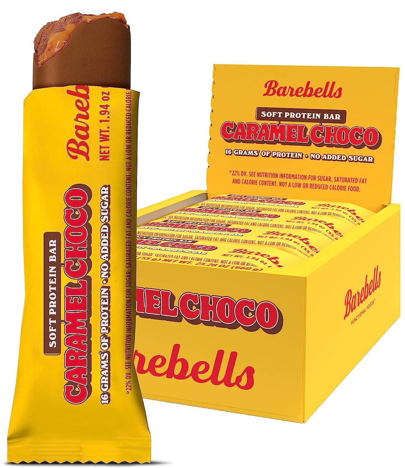 Barebells barre protéinée moelleuse caramel chocolat, emballage pratique pour une collation nomade.