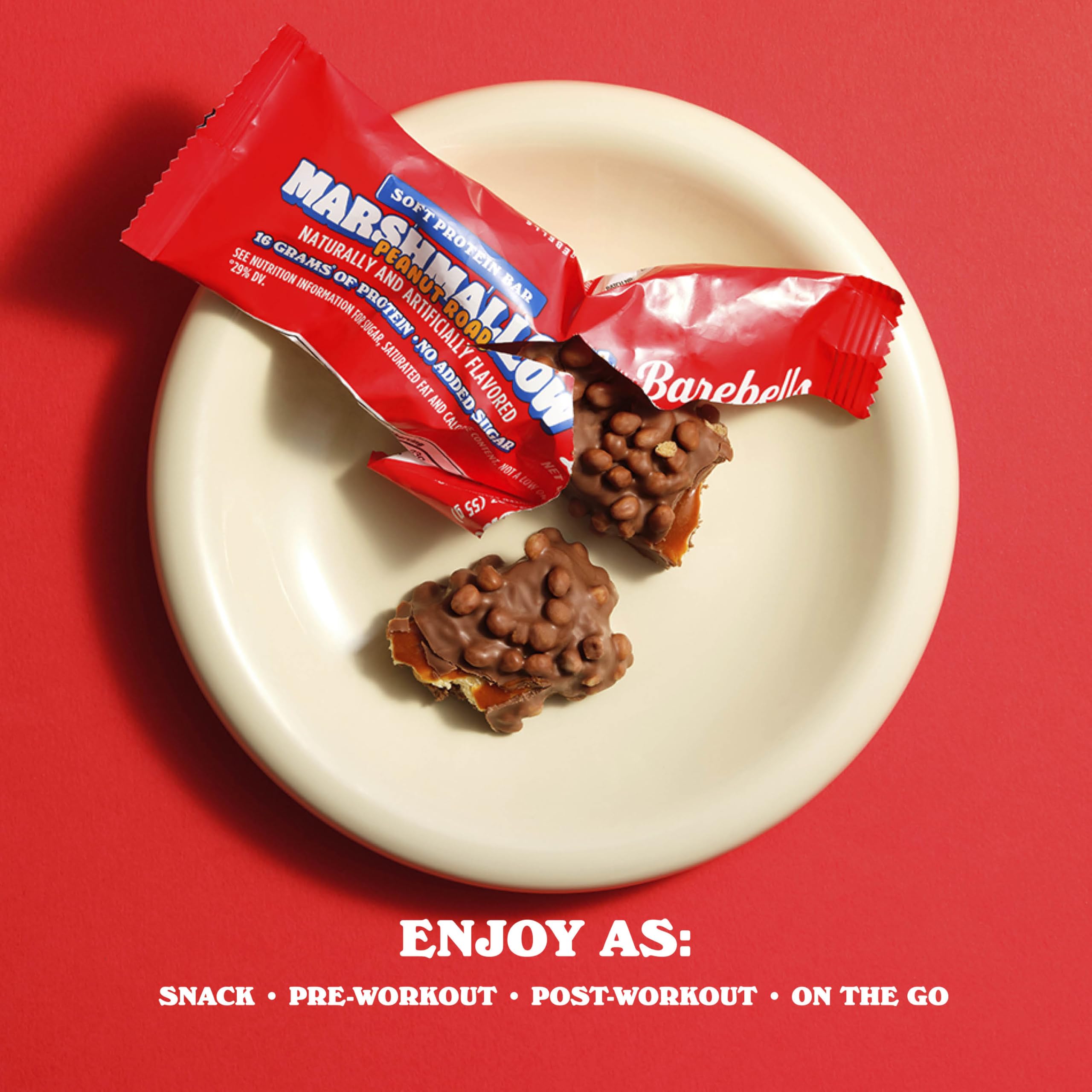 Barebells Soft guimauve cacahuète chocolat lait avec éclats croustillants, idéal pour pause.