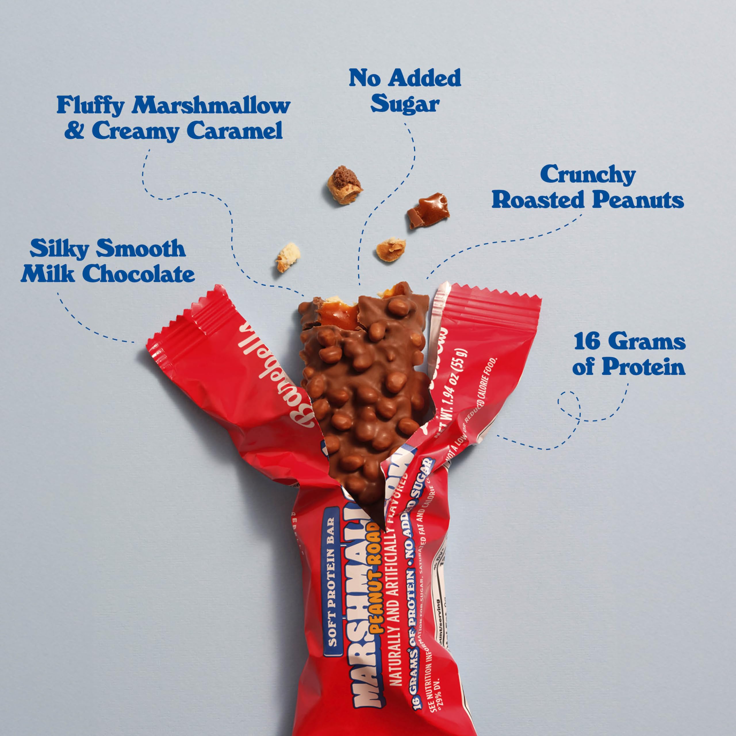 Barebells Soft protéine guimauve cacahuète enrobage chocolat lait, contient 16 g protéines.