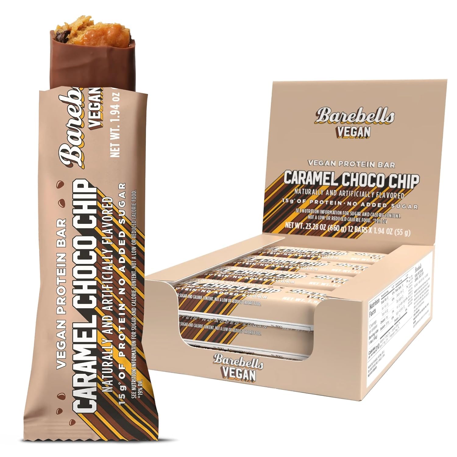 Barebells Barres protéinées véganes Caramel Choco Chip, texture riche et gourmande, énergie en déplacement.