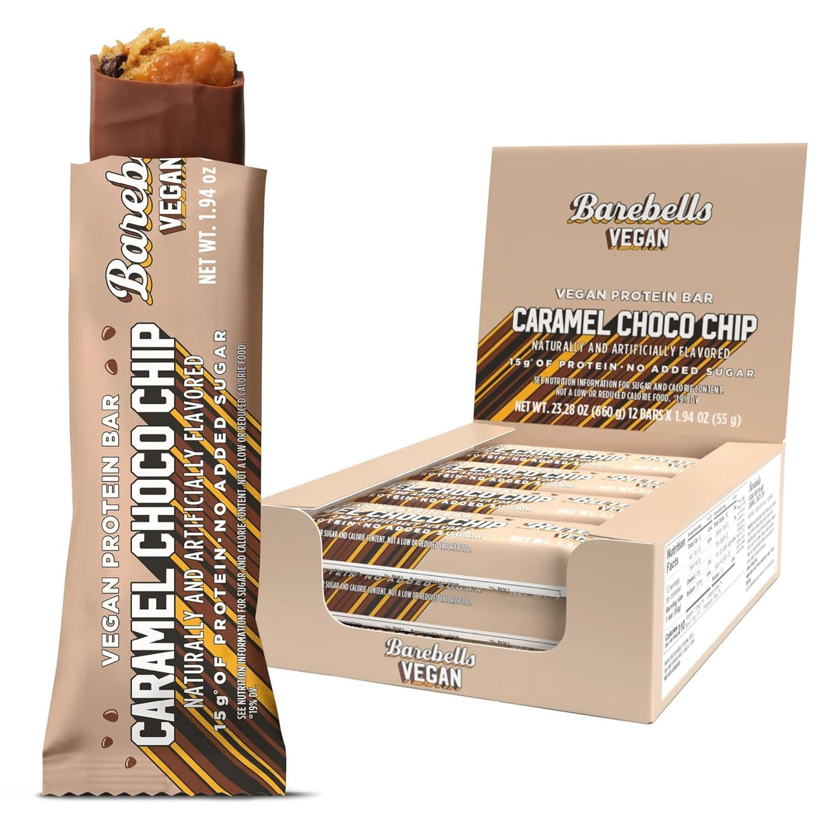 Barebells Barres protéinées véganes Caramel Choco Chip, texture riche et gourmande, énergie en déplacement.