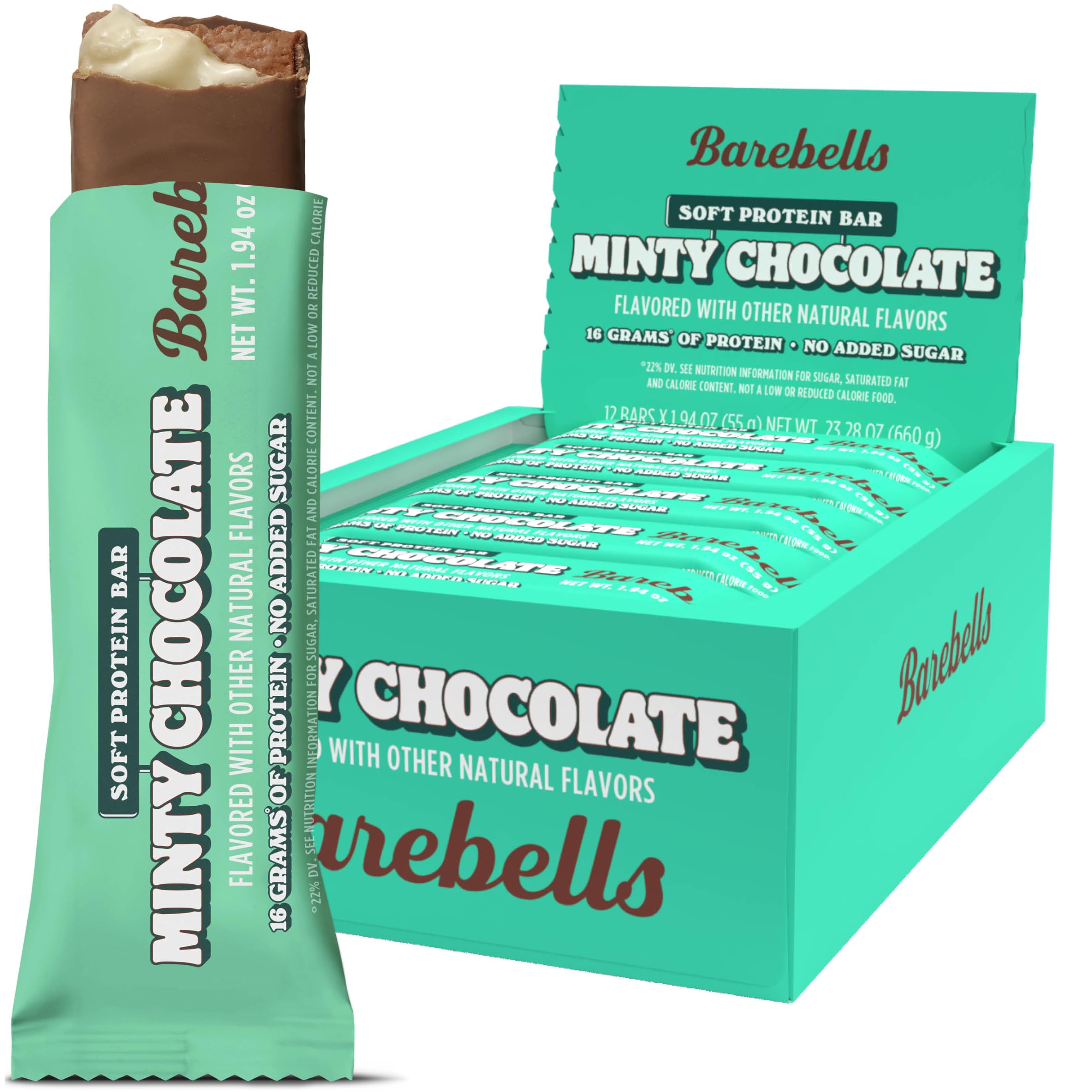 Barebells barres protéinées menthe-chocolat, texture tendre et cœur menthe rafraîchissant.