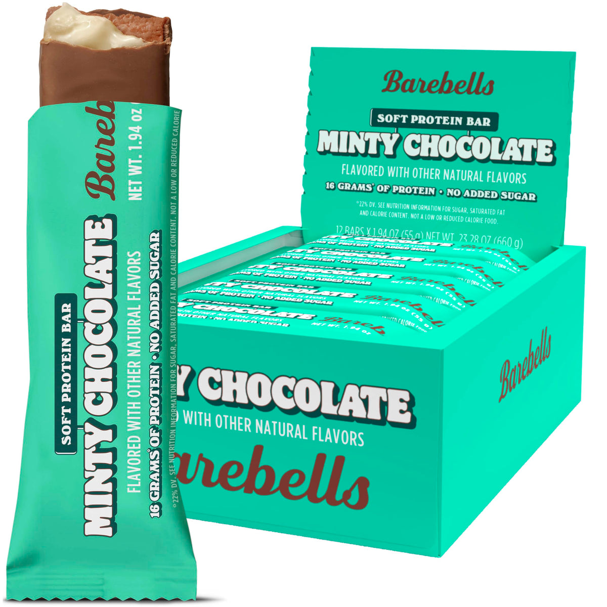 Barebells barres protéinées menthe-chocolat, texture tendre et cœur menthe rafraîchissant.