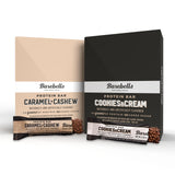 Barebells Caramel Cashew et Cookies & Cream, emballage visible, collation pratique à emporter.