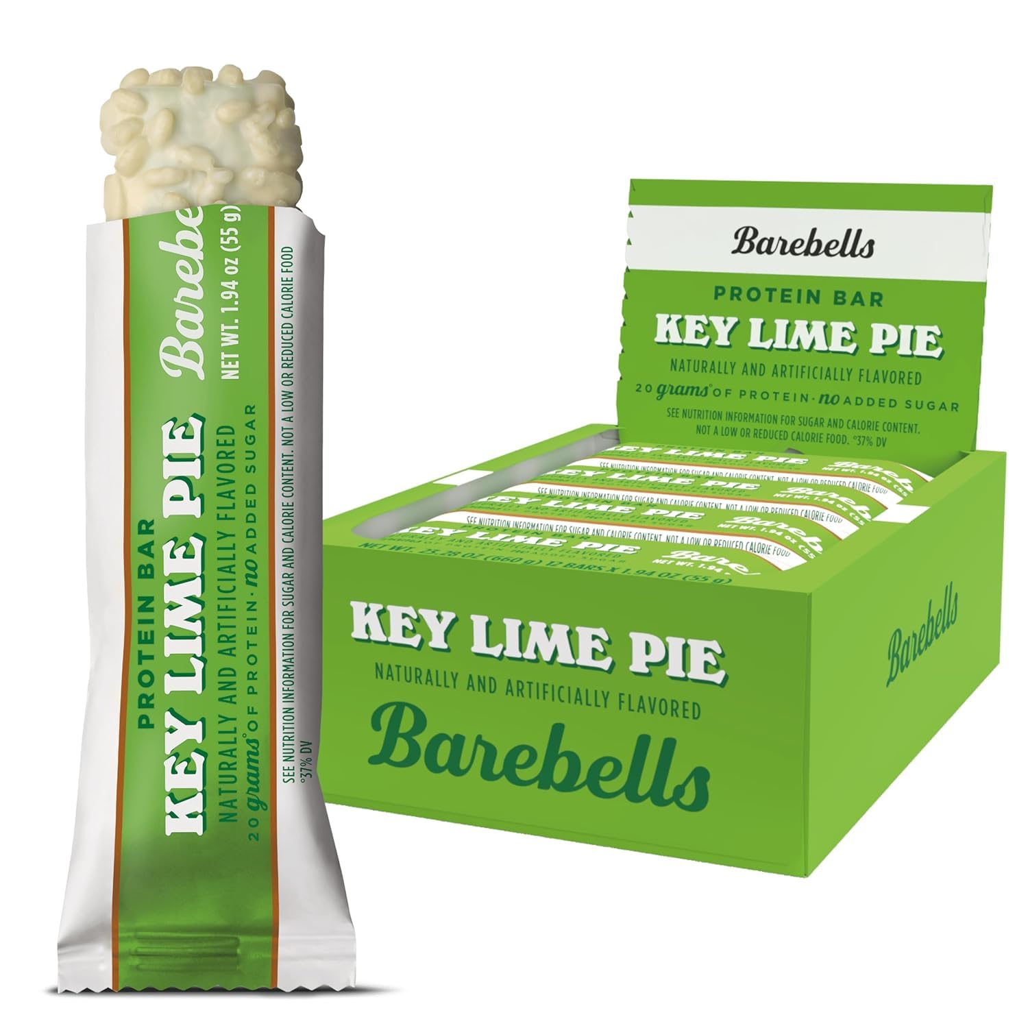 Barre protéinée Barebells Key Lime Pie en emballage élégant, snack rapide et riche en protéines.