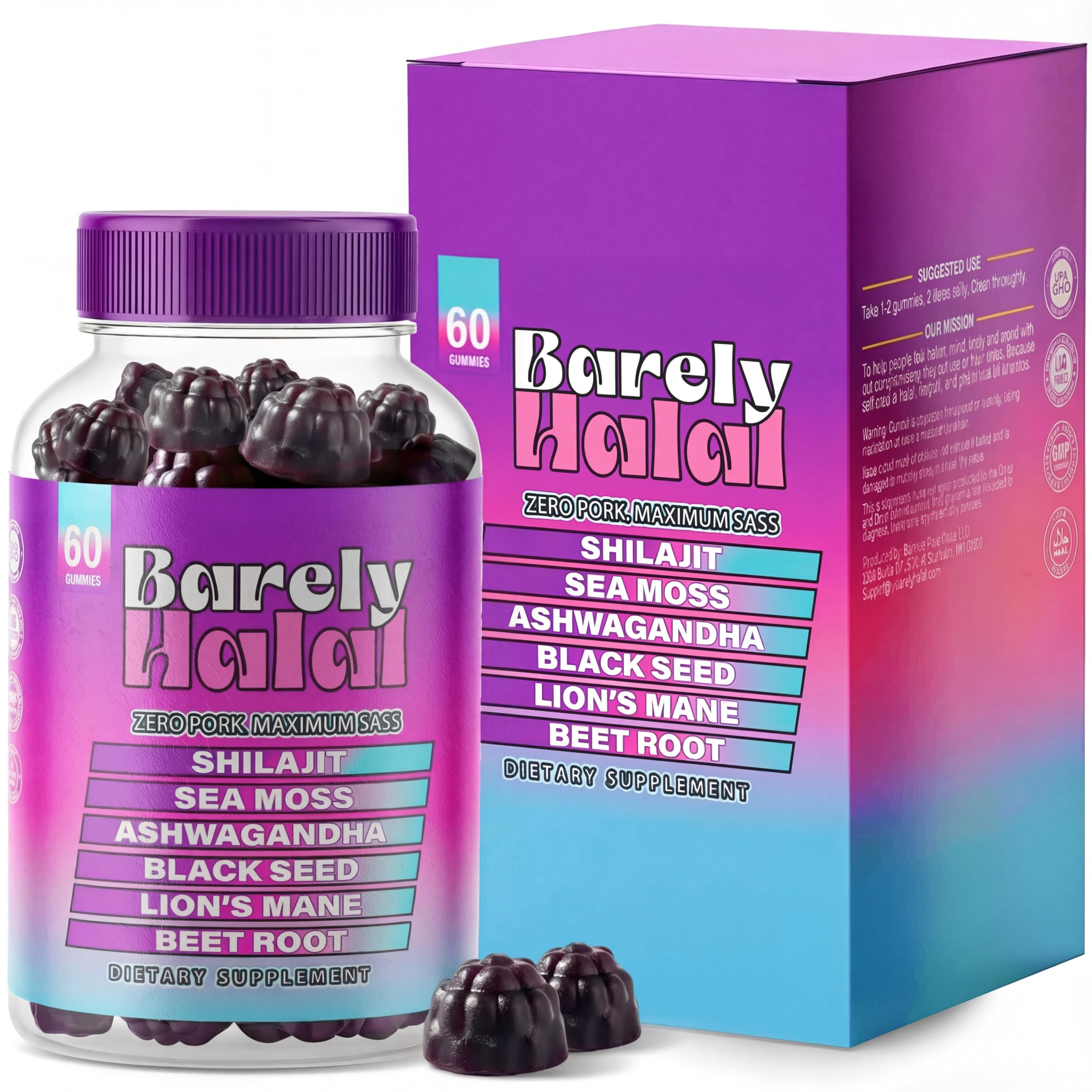 Gommes Barely Halal Shilajit, énergie et concentration en bouteille, sans caféine