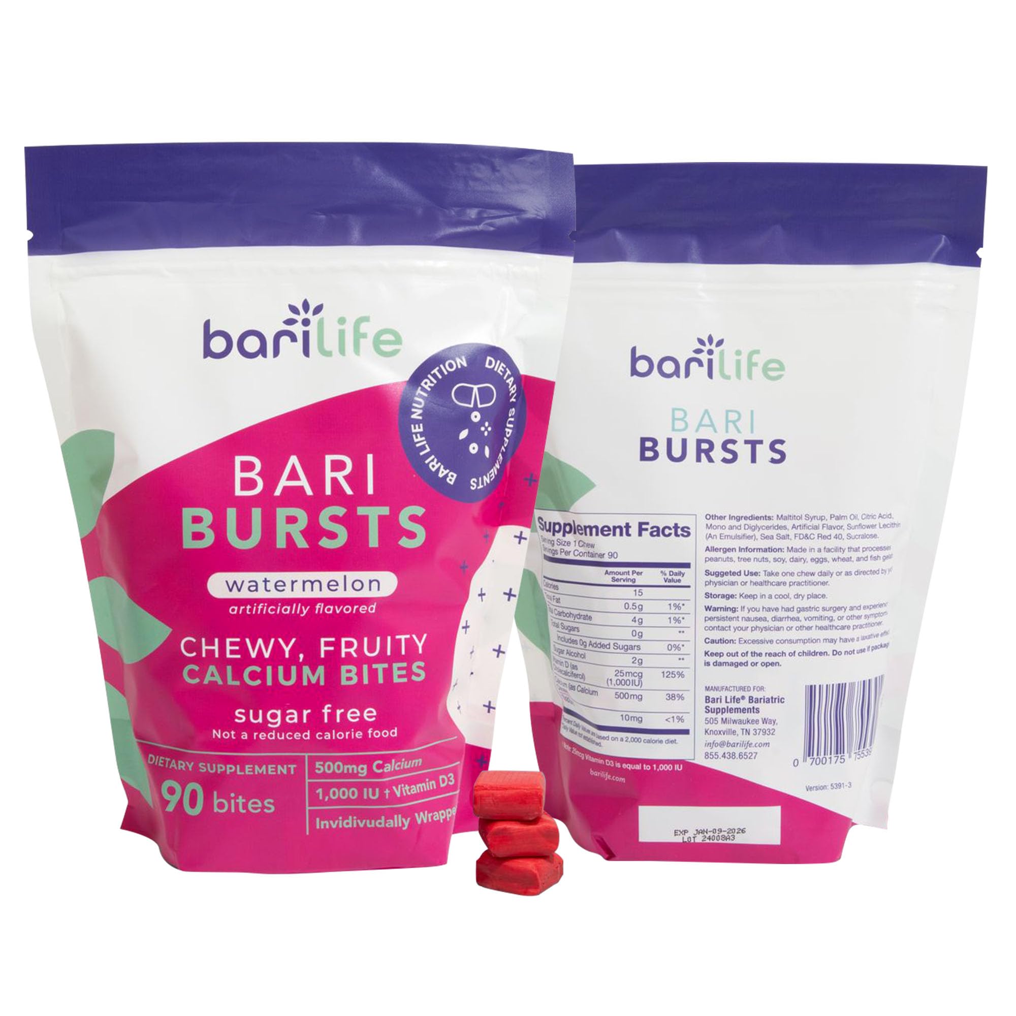 Gros plan sur le bonbon Bari Life calcium citrate goût pastèque.