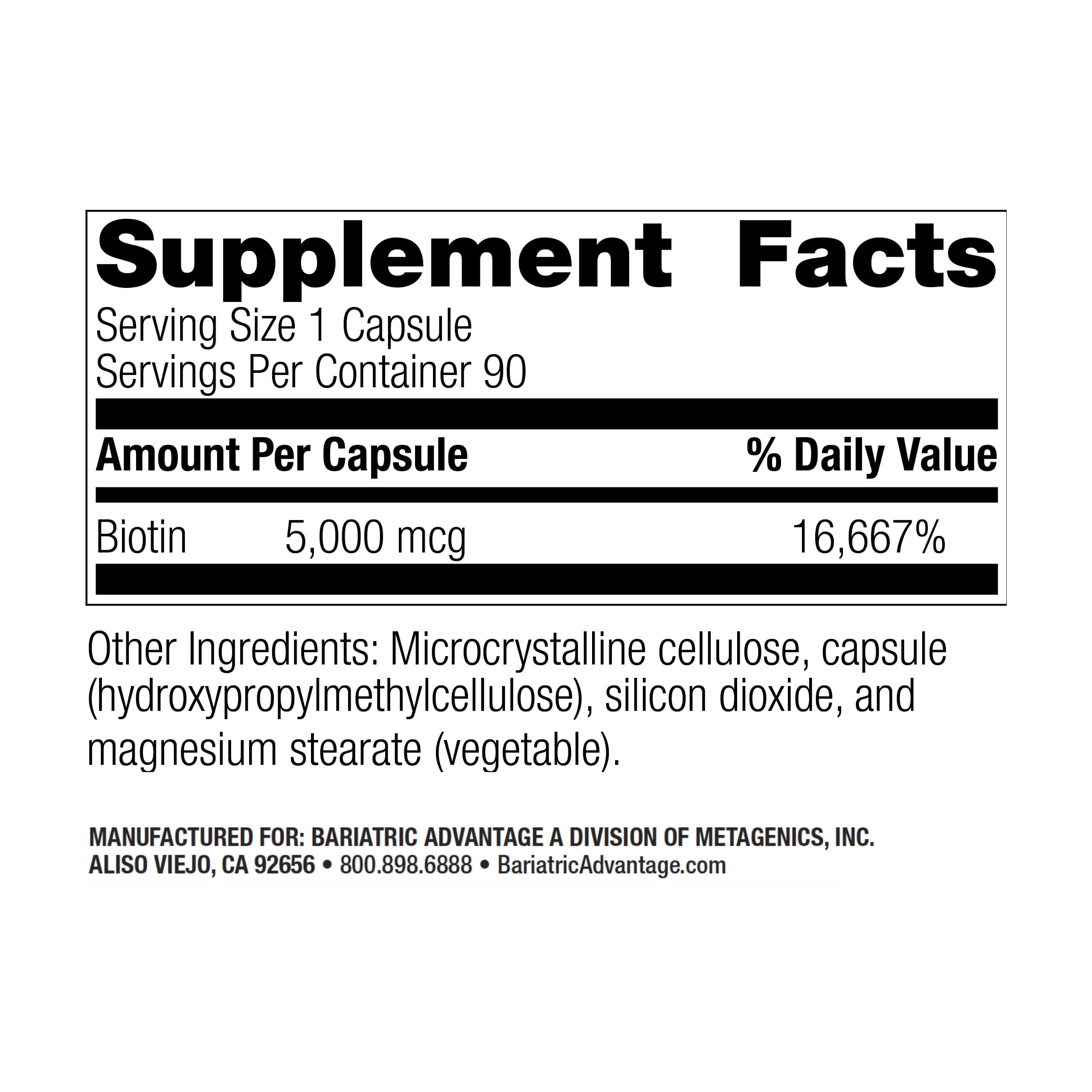 Biotine Bariatric Advantage, soutien cheveux et ongles, prise quotidienne pratique.