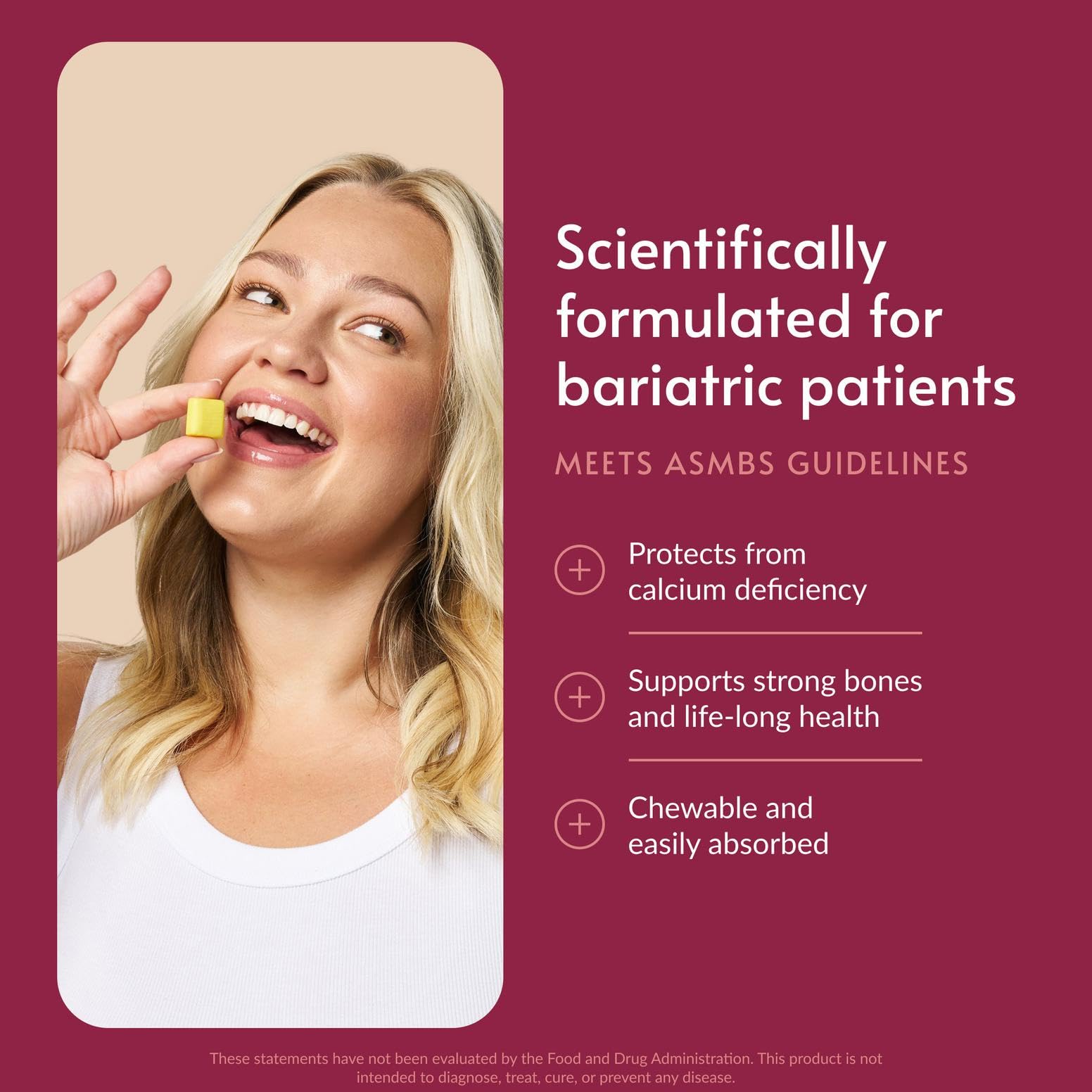 Zoom sur Bariatric Advantage bouchées calcium citrate citron texture douce et facile à mâcher.