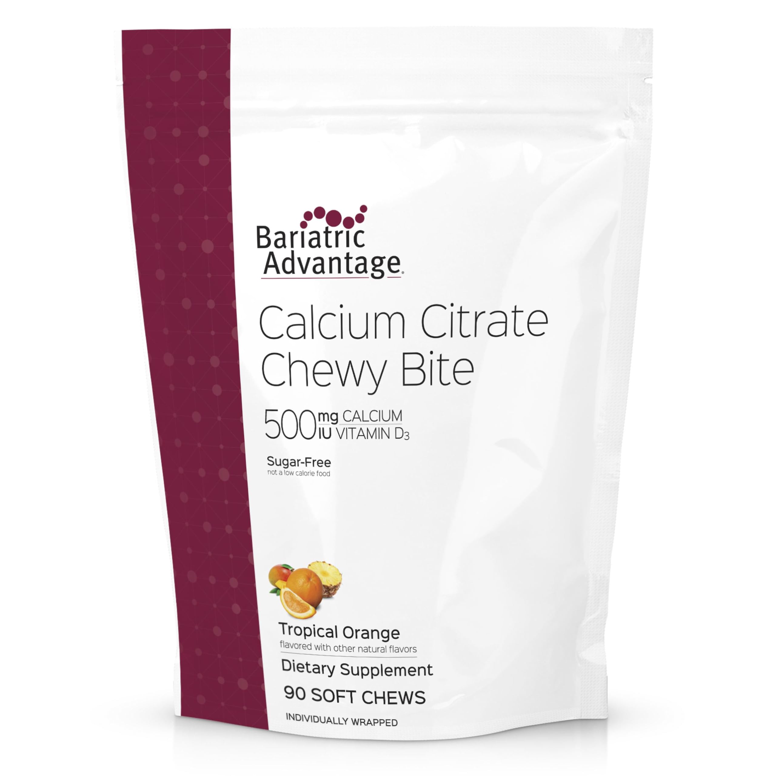 Bariatric Advantage Calcium Citrate Bouchées à Croquer emballage tropical orange, pratique à emporter