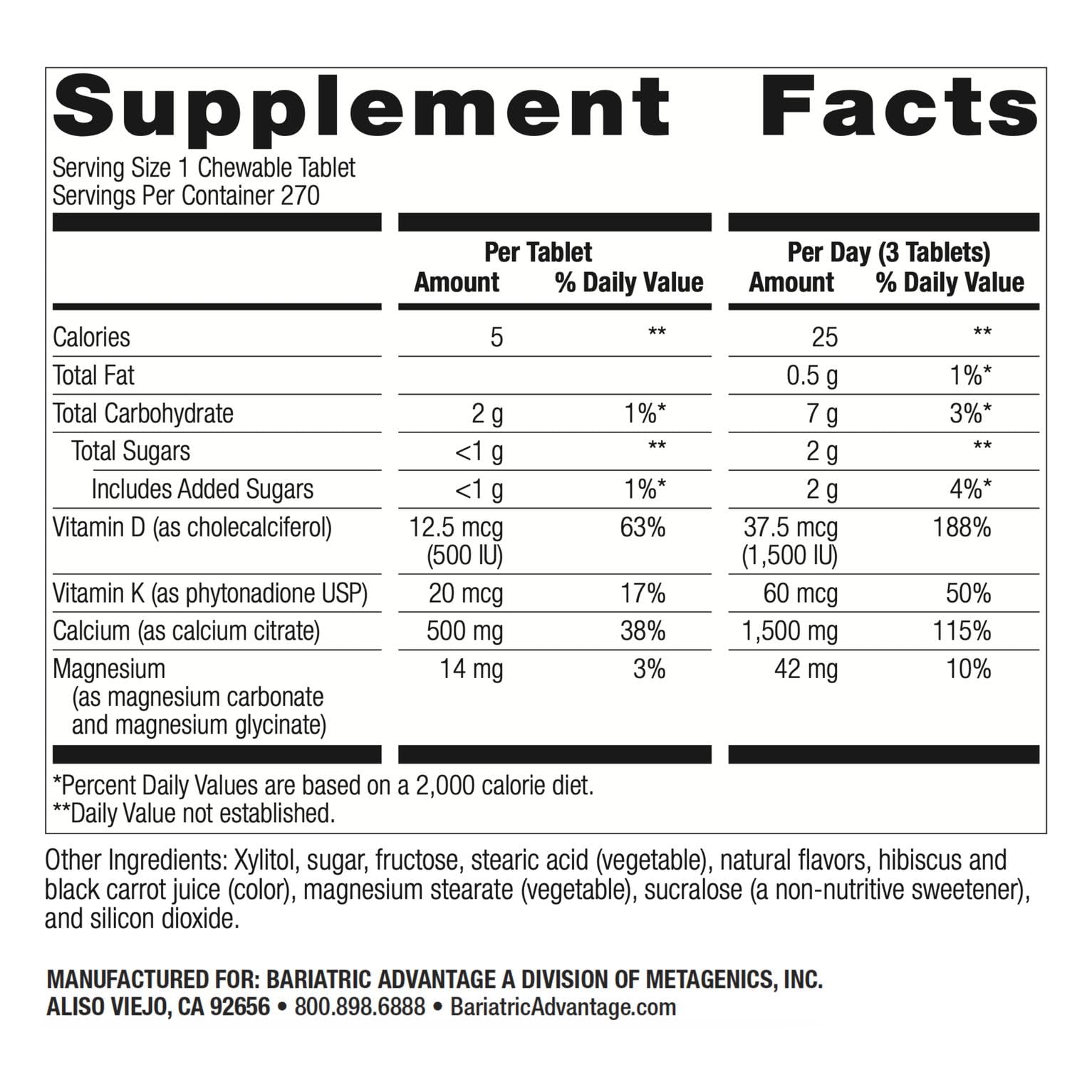 Bariatric Advantage calcium citrate cannelle, tablettes faciles à mâcher pour prise quotidienne.