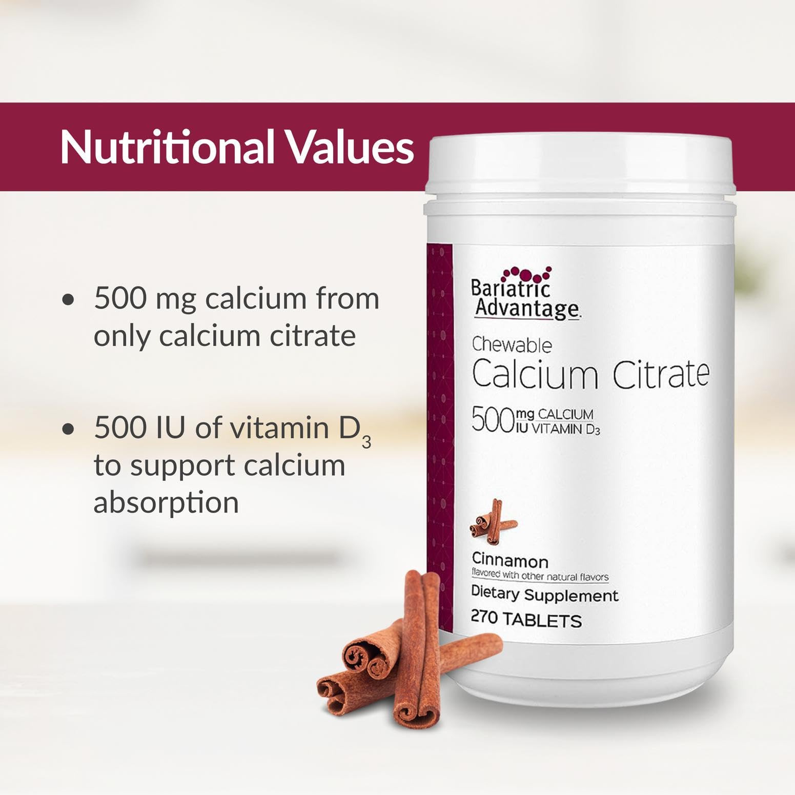 Bariatric Advantage cannelle calcium citrate, aide au maintien des os et des dents.
