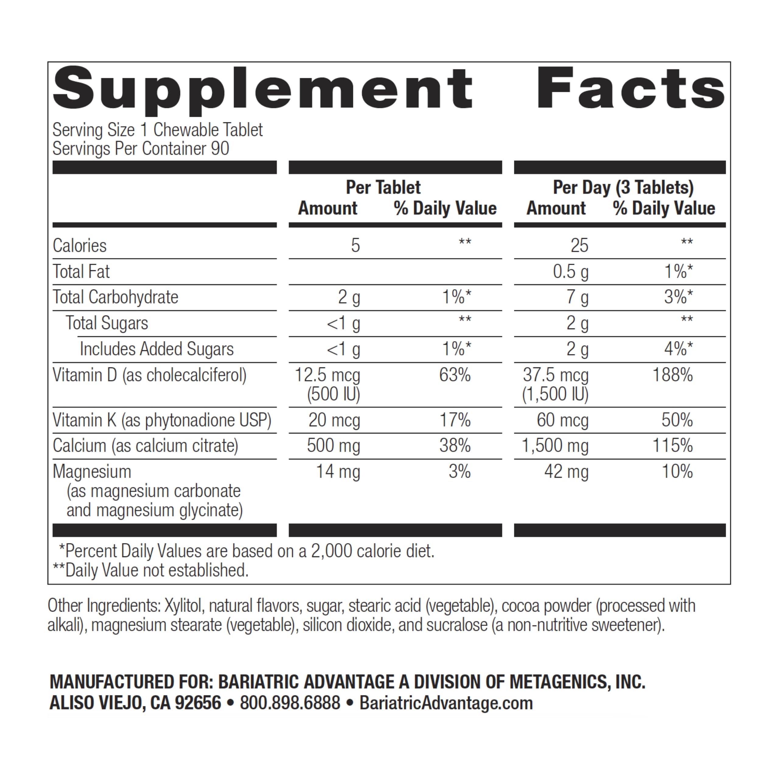 Bariatric Advantage calcium citrate à mâcher 500 mg, tablettes masticables au goût chocolat.