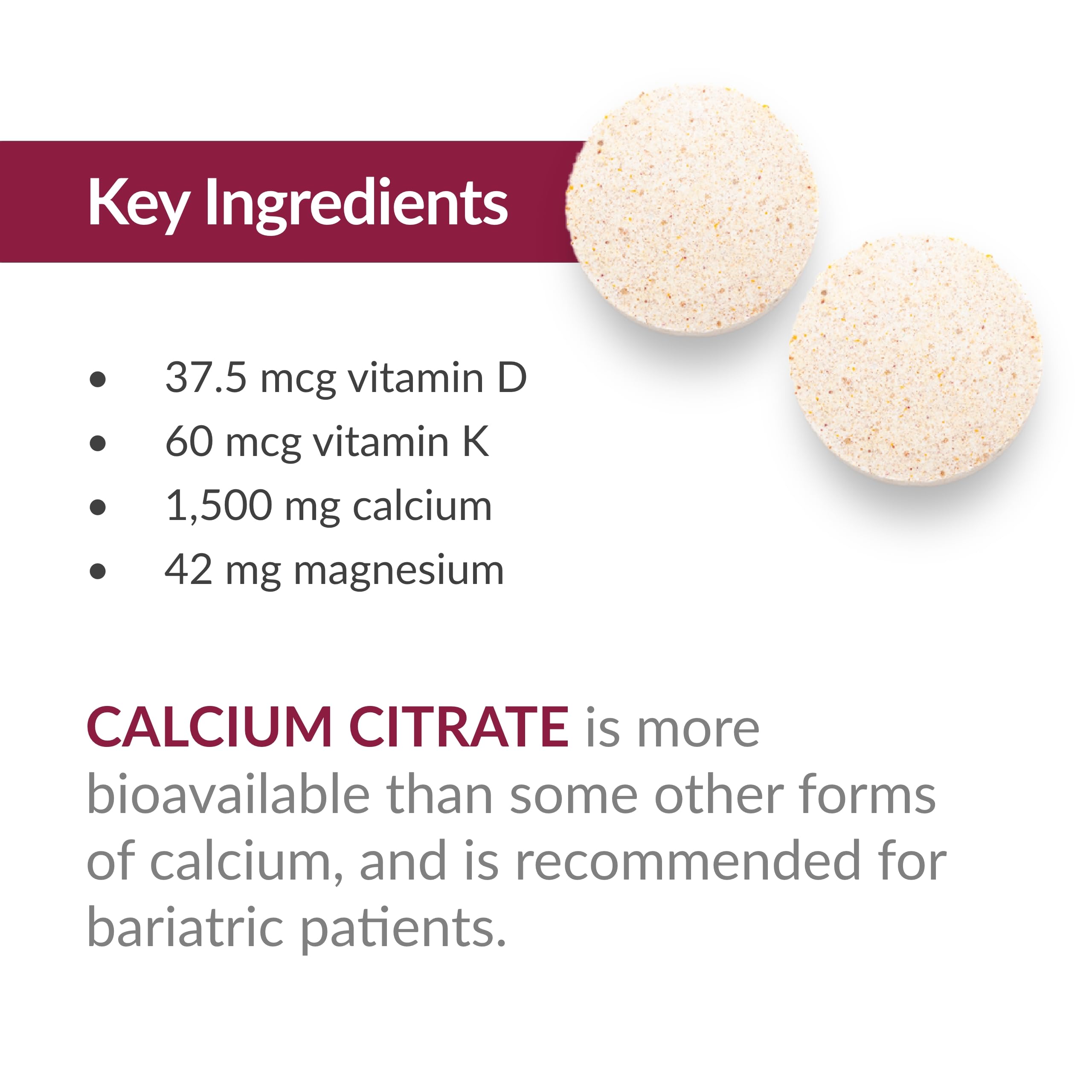 Bariatric Advantage calcium citrate à mâcher 500 mg, vitamine K et magnésium glycinate pour le soutien quotidien.