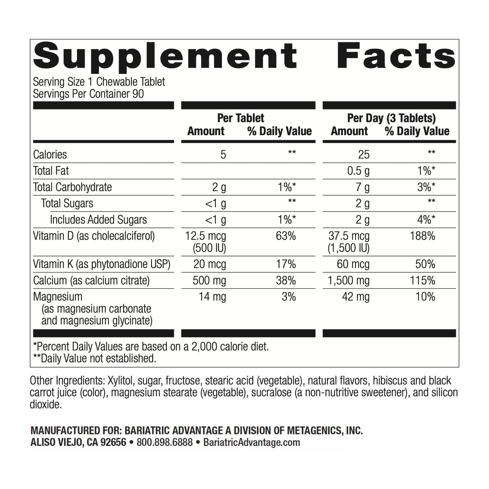 Tablettes Bariatric Advantage Calcium Citrate Chewable saveur cannelle, prise quotidienne agréable.