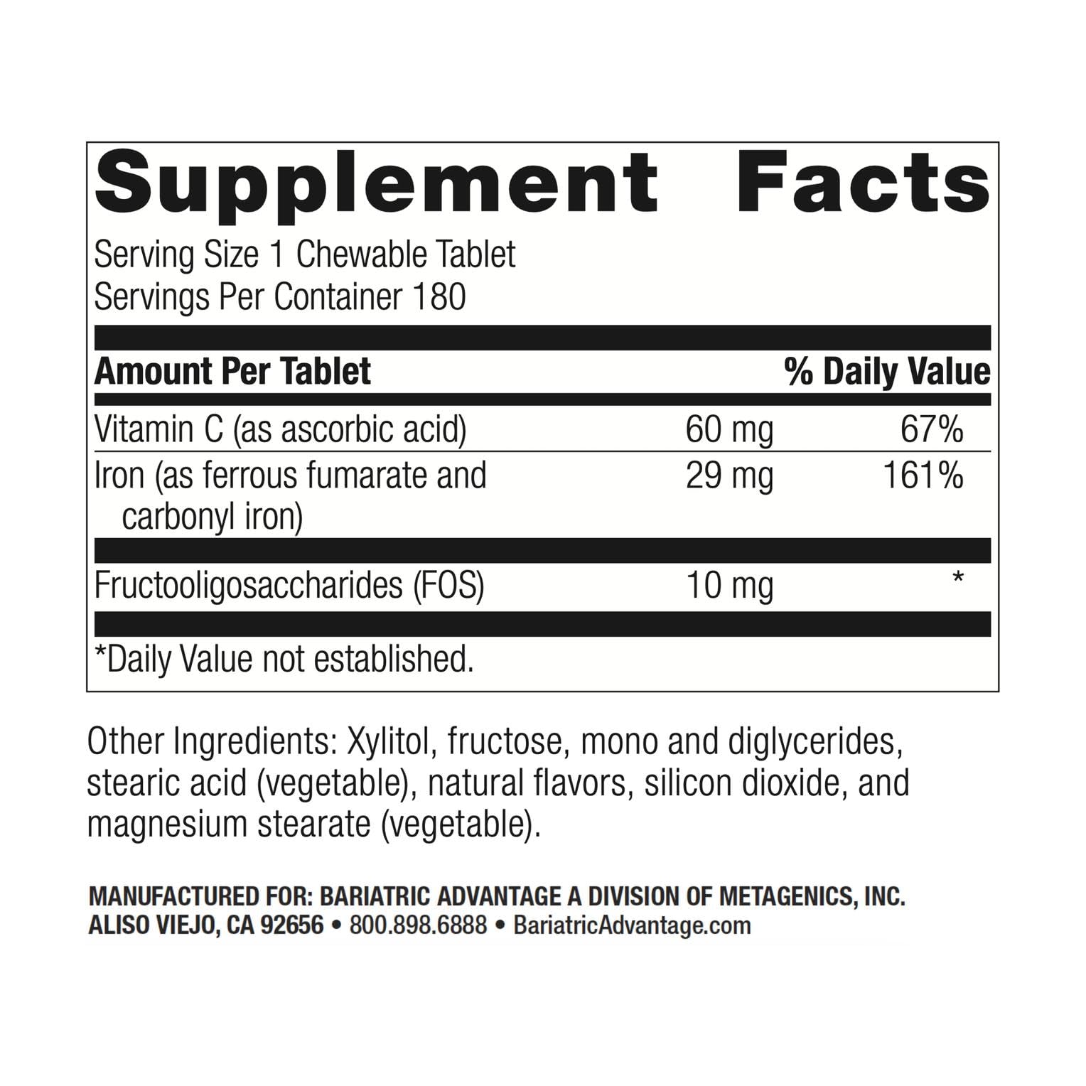 Tablette fer 29 mg Bariatric Advantage en gros plan, goût passion-fruit, absorption facilitée.