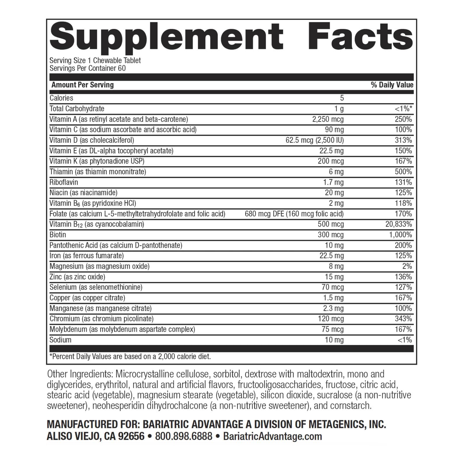 Bariatric Advantage comprimés à croquer, vitamines B et fer inclus.