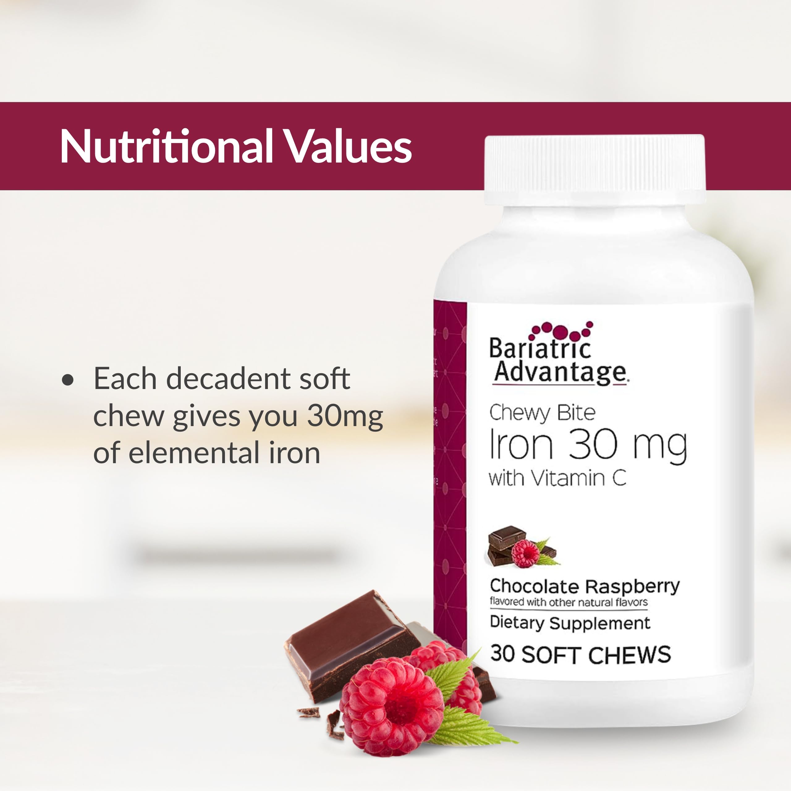 Bariatric Advantage Iron Chewy Bite saveur chocolat-framboise: collation savoureuse et sans sucre.
