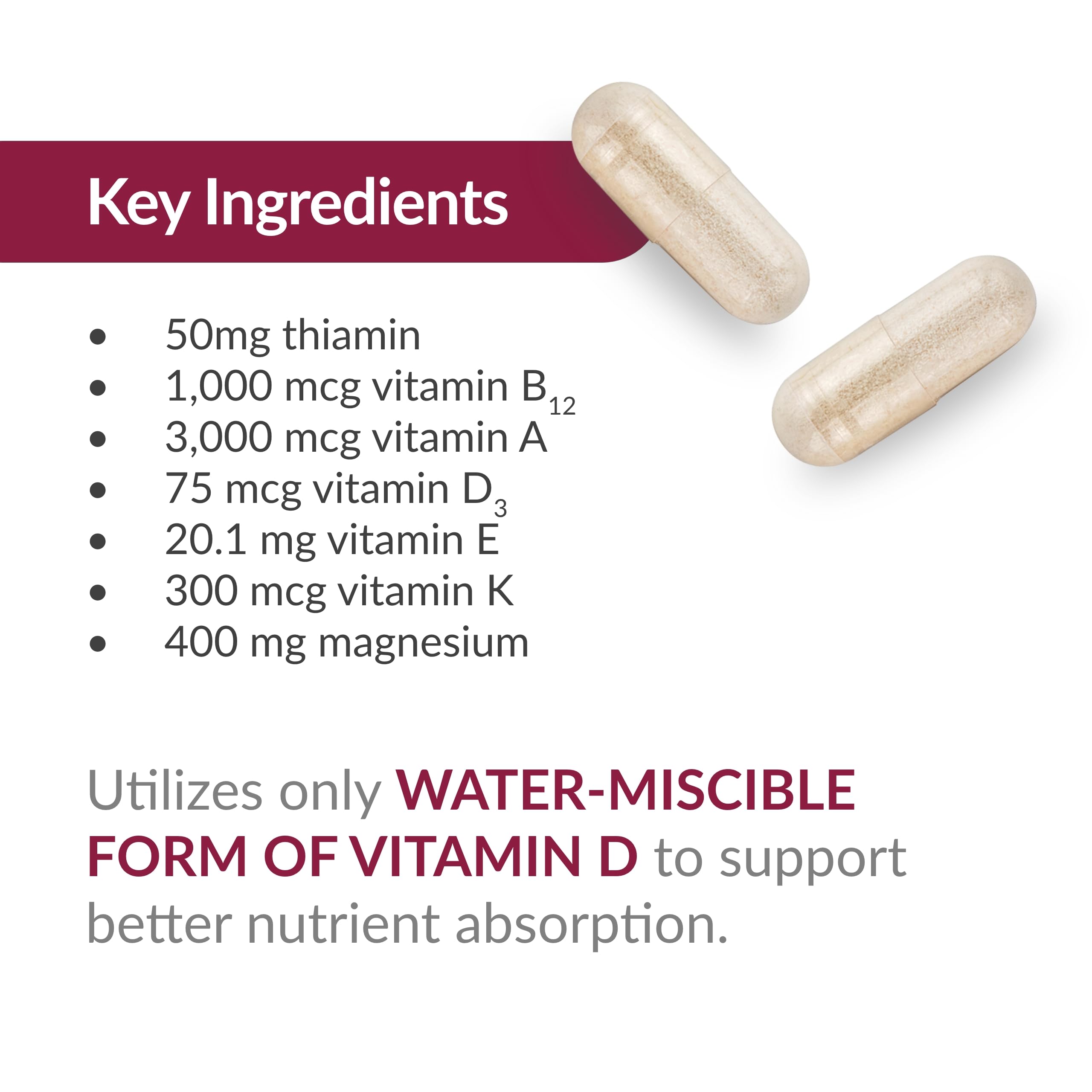 Absorption améliorée avec la vitamine D3 hydrosoluble dans Bariatric Advantage Ultra Multi Sans Fer