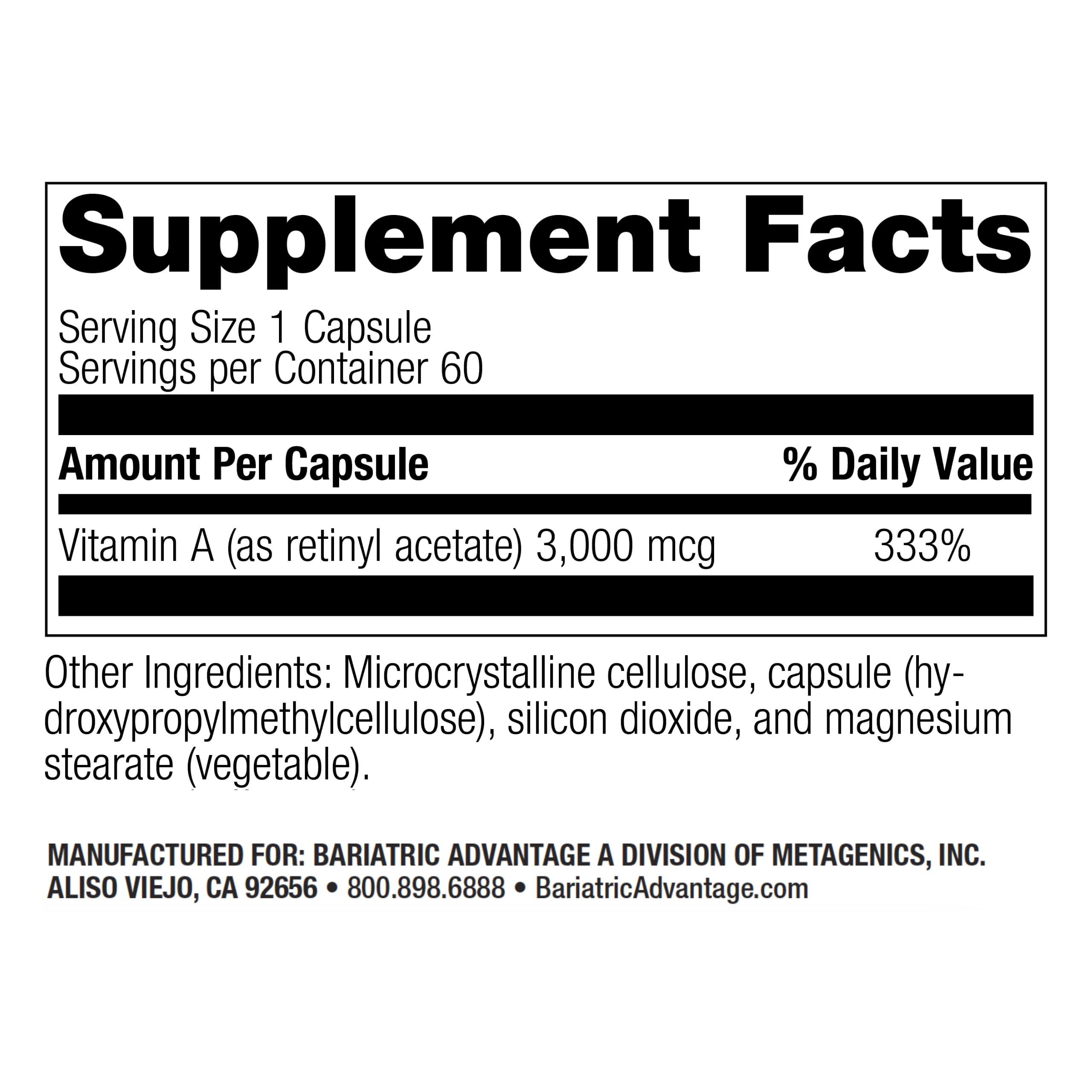 Bariatric Advantage vitamine A 3000mcg, capsules digestes mini, absorption facilitée.