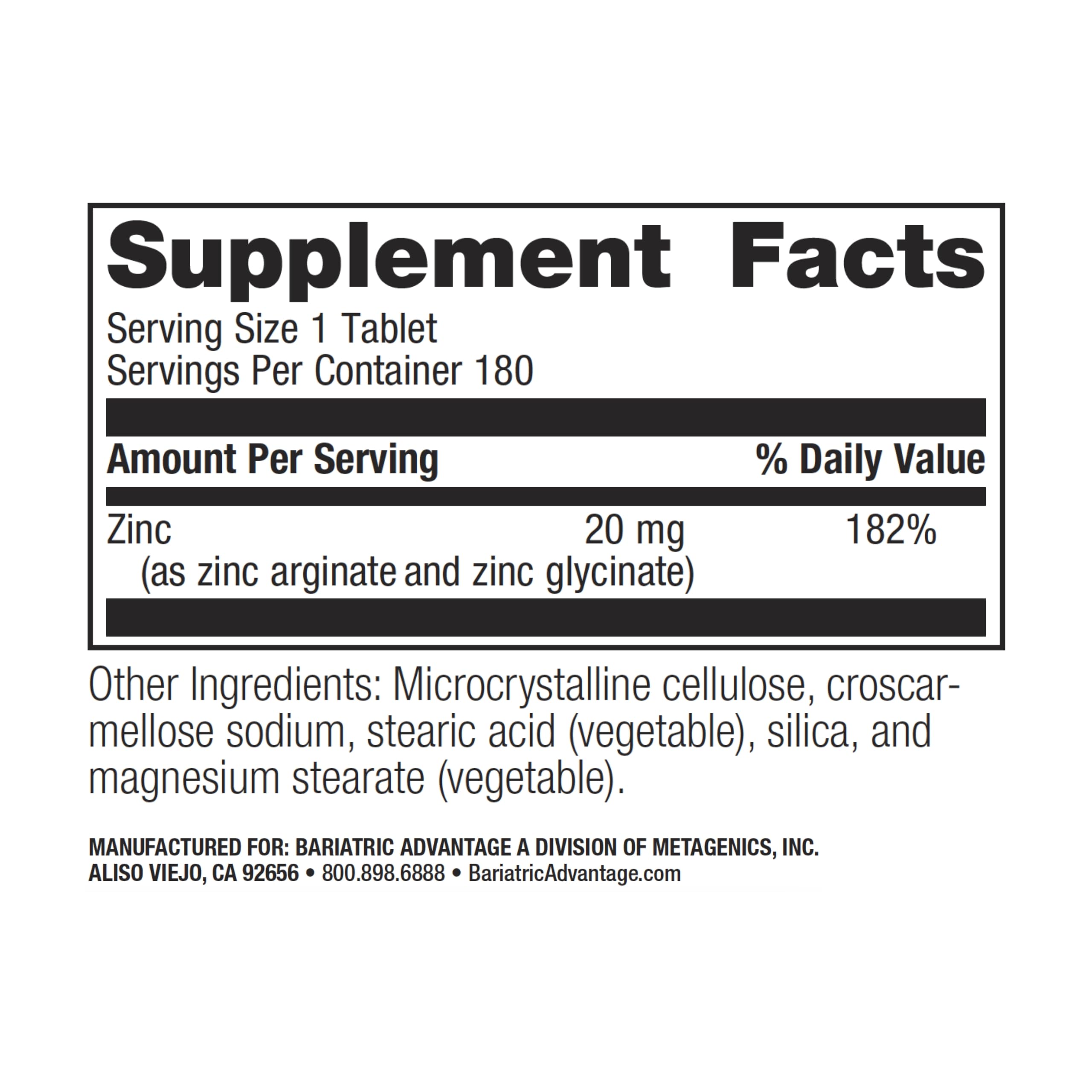 Tablettes Bariatric Advantage zinc chelate arginine glycine, absorption potential.