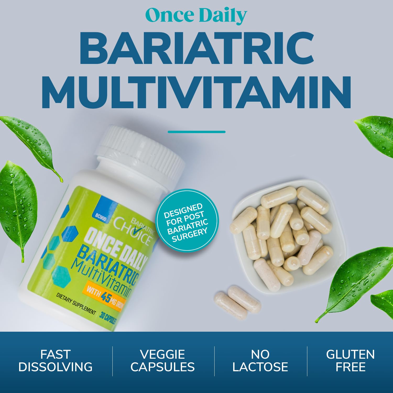 Fer 45 mg inclus dans Bariatric Choice, source clé d'apport nutritionnel.